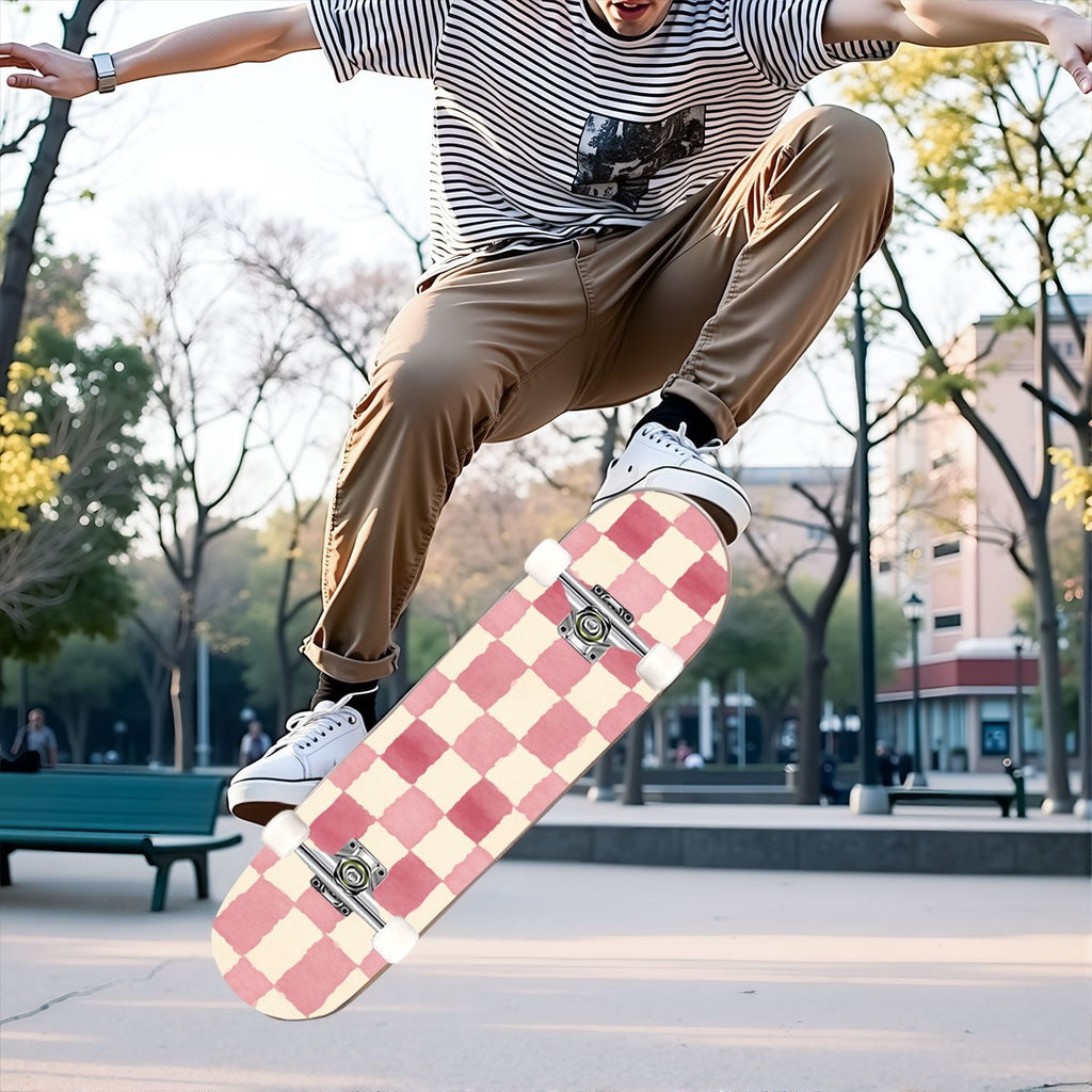 31"x8" Complete Skateboards for Beginners,Mint Green White Plaid Tartan Subtle Double Kick 7 Ply Canadian Maple Deck Skateboard with Wheels, Gifts for Kids Teens