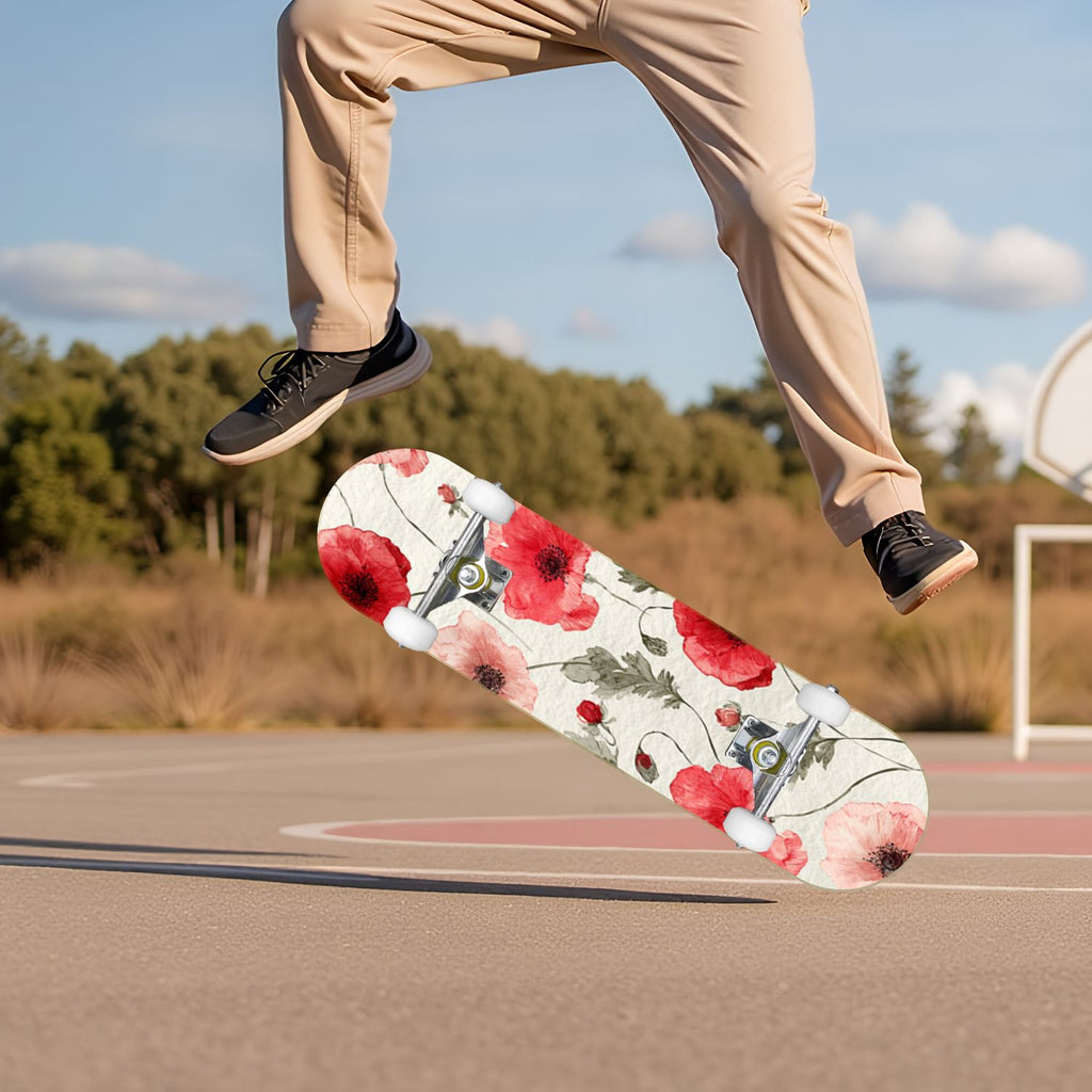 Botanical Floral Peonies Hummingbirds 31" x 8" Complete Skateboard, 7-Ply Canadian Maple Double Kick Trick Board for Kids and Beginners Adult Gifts