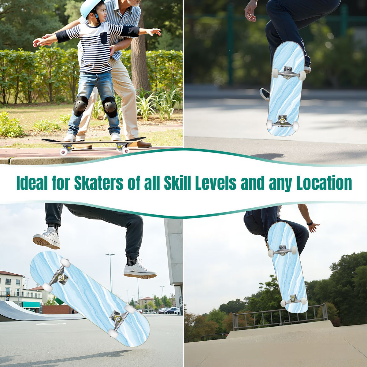 31"x8" Complete Skateboards for Beginners, Abstract Black Hexagon Honeycomb Glowing Blue Neon Geometric Double Kick 7 Ply Canadian Maple Deck Skateboard with Wheels, Gifts for Kids Teens