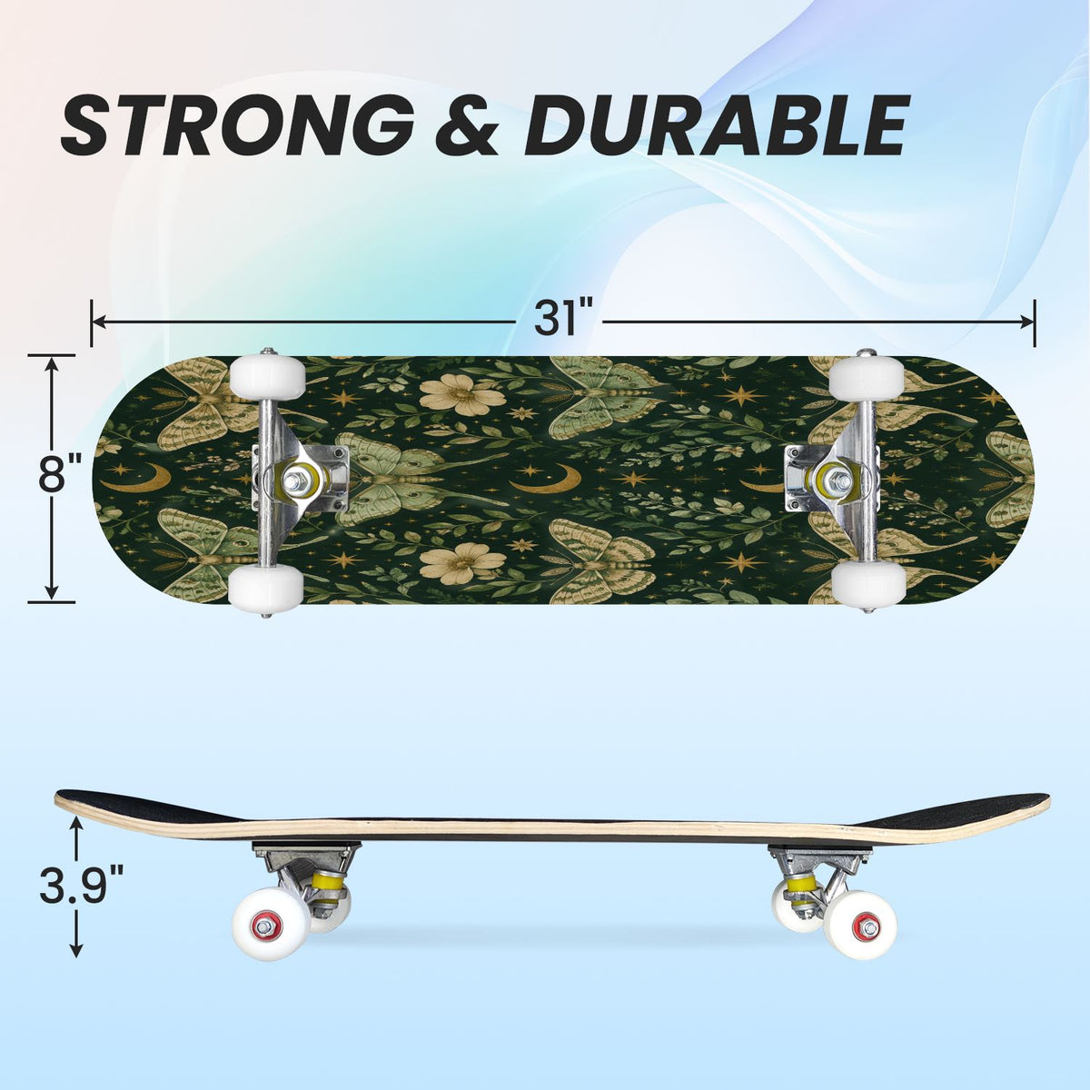 31"x8" Complete Skateboards for Beginners, Mystical Purple Butterfly Glowing Mushrooms Under Full Moon Double Kick 7 Ply Canadian Maple Deck Skateboard with Wheels, Gifts for Kids Teens