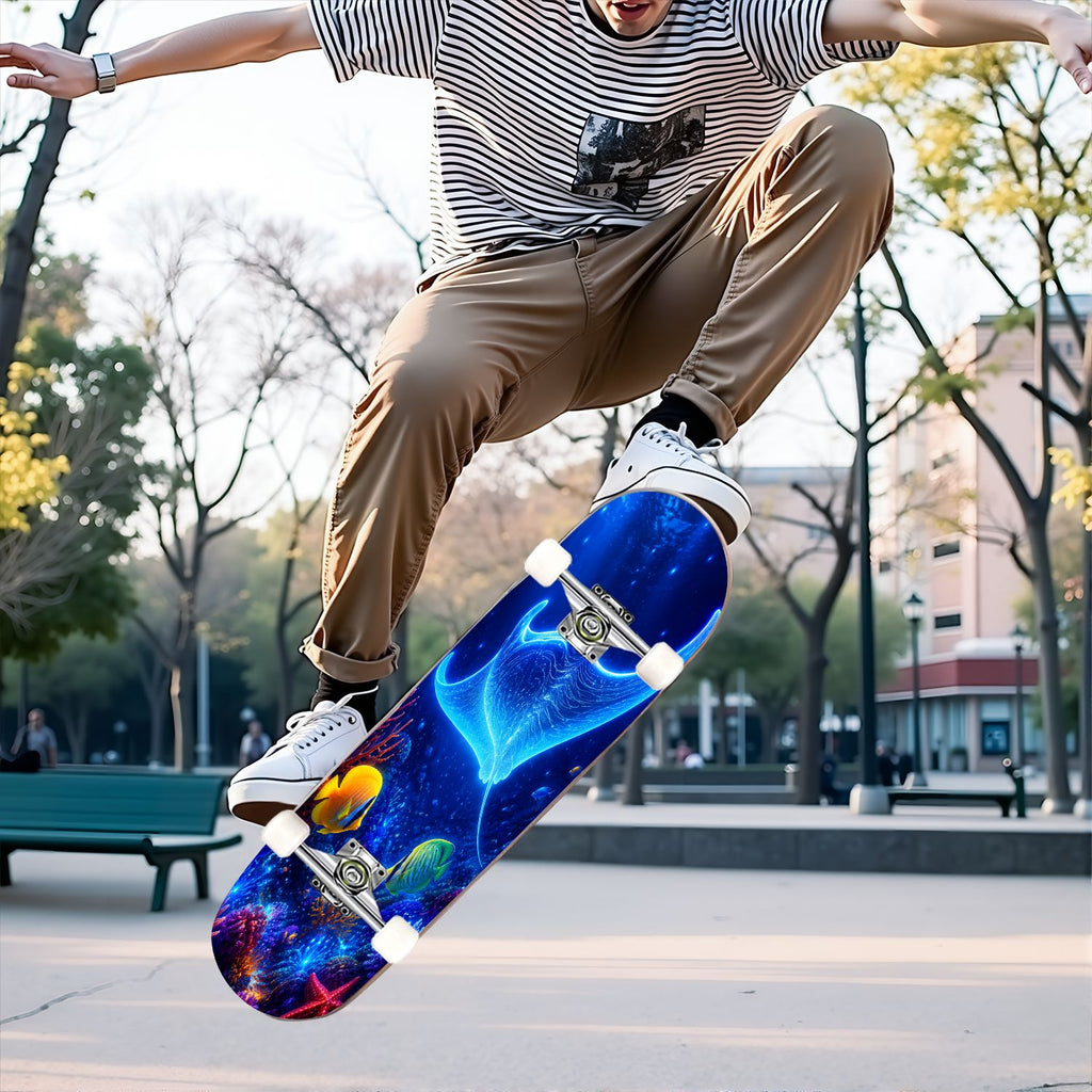31"x8" Complete Skateboards for Beginners, Underwater Sharks Glowing Purple Jellyfish Marine Life Double Kick 7 Ply Canadian Maple Deck Skateboard with Wheels, Gifts for Kids Teens