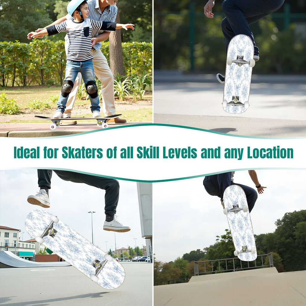 31"x8" Complete Skateboards for Beginners,Blue White Vintage Floral Roses Ornate Swirls Double Kick 7 Ply Canadian Maple Deck Skateboard with Wheels, Gifts for Kids Teens