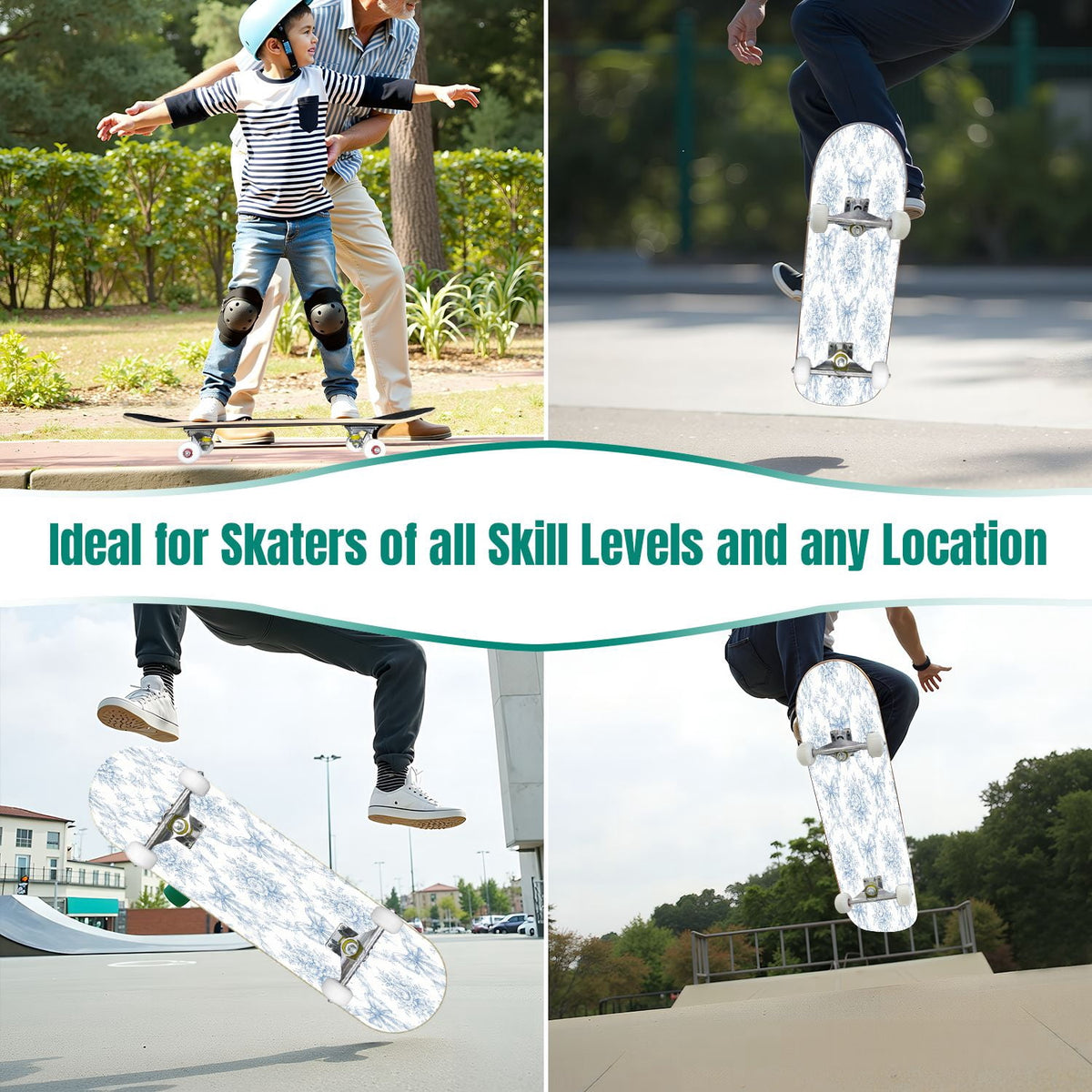 31"x8" Complete Skateboards for Beginners,Blue White Vintage Floral Roses Ornate Swirls Double Kick 7 Ply Canadian Maple Deck Skateboard with Wheels, Gifts for Kids Teens