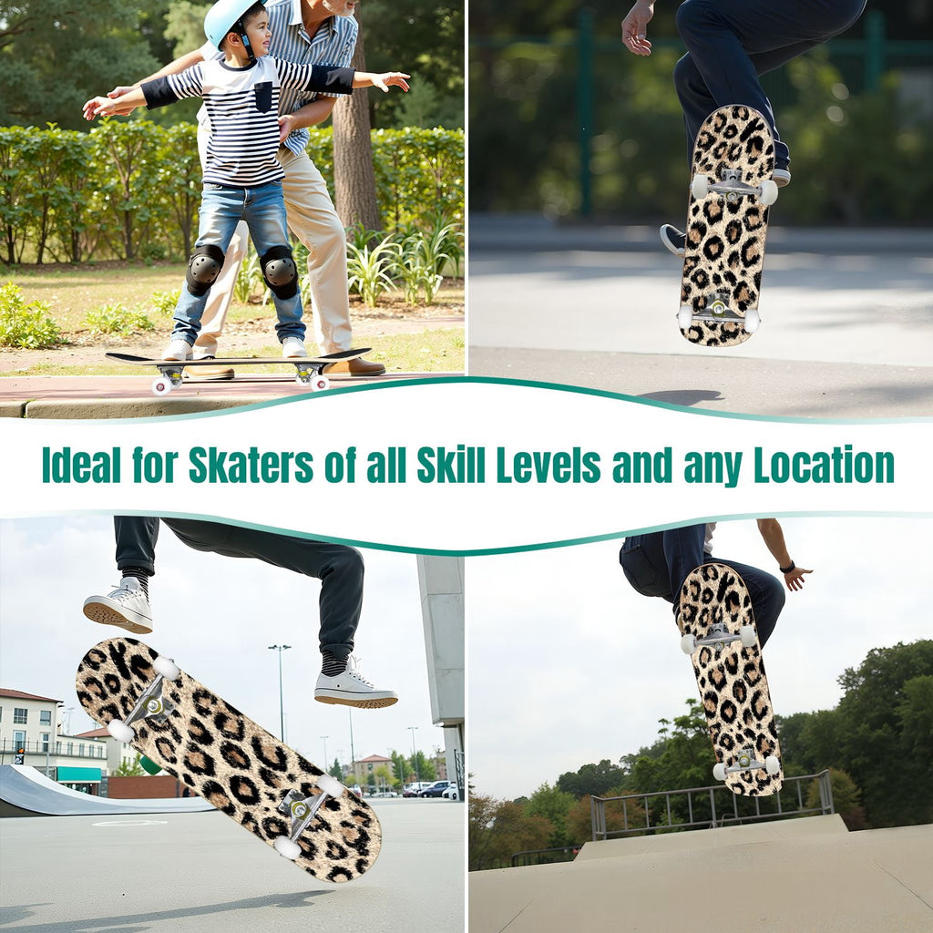 31"x8" Complete Skateboards for Beginners,Black Leopard Print Grey Double Kick 7 Ply Canadian Maple Deck Skateboard with Wheels, Gifts for Kids Teens