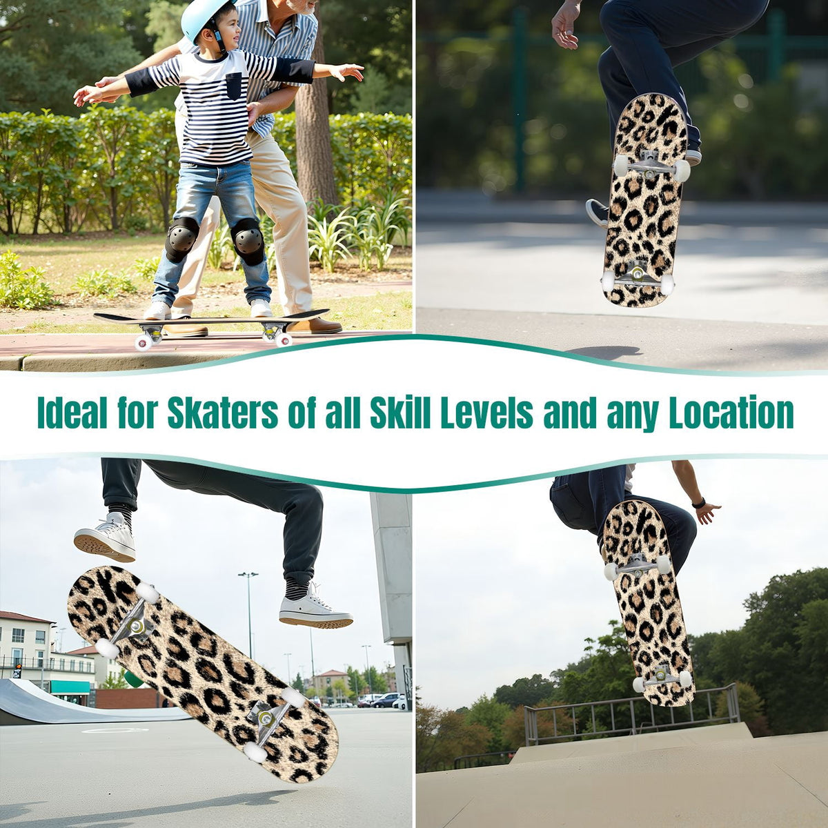 31"x8" Complete Skateboards for Beginners,Black Leopard Print Grey Double Kick 7 Ply Canadian Maple Deck Skateboard with Wheels, Gifts for Kids Teens