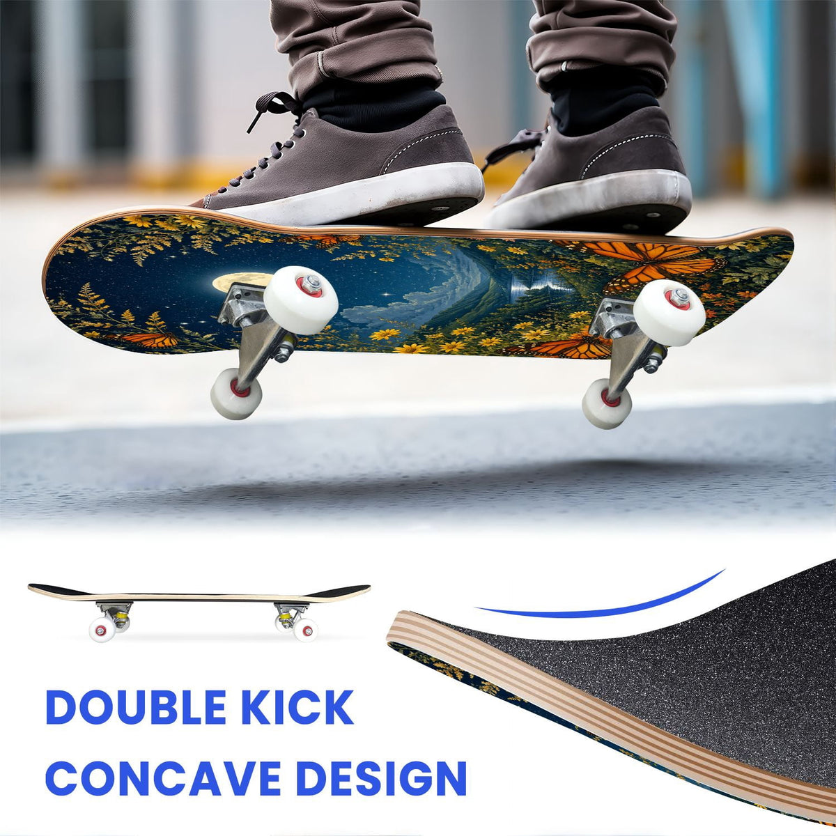 31"x8" Complete Skateboards for Beginners, Blue Moth Moonlight Flowers Mushrooms Forest Double Kick 7 Ply Canadian Maple Deck Skateboard with Wheels, Gifts for Kids Teens