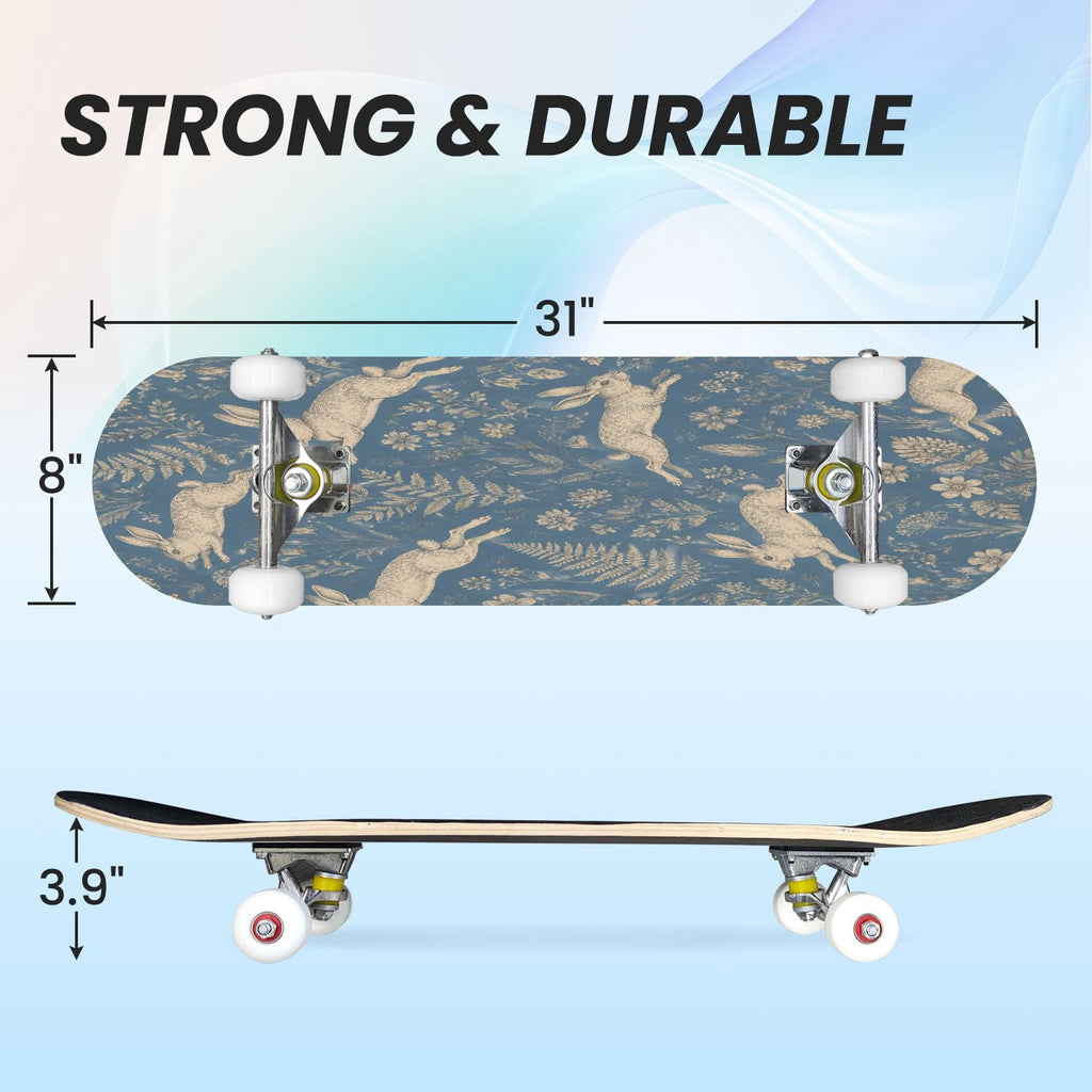 31"x8" Complete Skateboards for Beginners,Seamless Blue Watercolor Crabs Floral Accents Light Double Kick 7 Ply Canadian Maple Deck Skateboard with Wheels, Gifts for Kids Teens