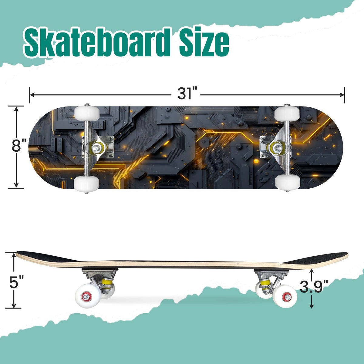 Futuristic Glowing Orange Neon Lines Dark Metallic Panels 31" x 8" Complete Skateboard, 7-Ply Canadian Maple Double Kick Trick Board for Kids and Beginners Adult Gifts