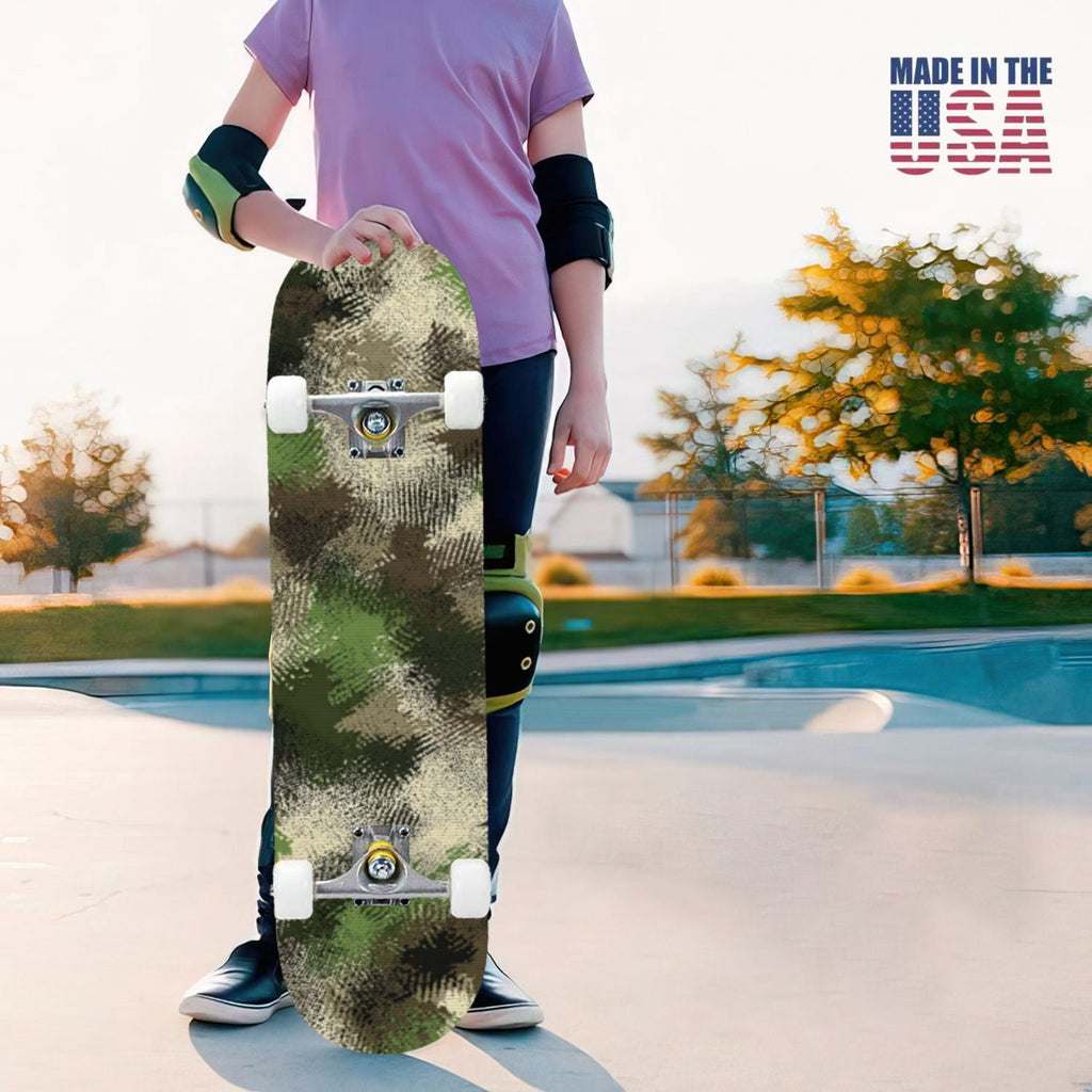 31"x8" Complete Skateboards for Beginners,Abstract Natural Earthy Tones Brush Strokes Camouflage Double Kick 7 Ply Canadian Maple Deck Skateboard with Wheels, Gifts for Kids Teens
