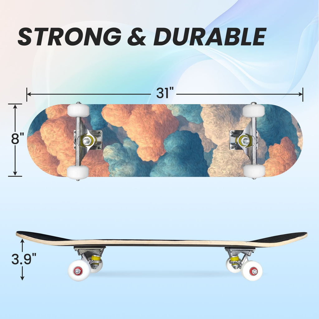 31"x8" Complete Skateboards for Beginners, Pastel Clouds Sparkles Dreamy Gradient Sky Summer Decor Double Kick 7 Ply Canadian Maple Deck Skateboard with Wheels, Gifts for Kids Teens