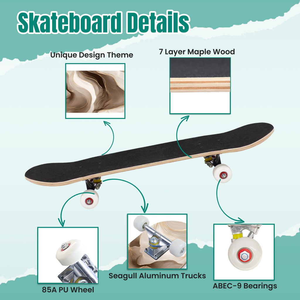Vintage Movie Theater Classic Cinema 31" x 8" Complete Skateboard, 7-Ply Canadian Maple Double Kick Trick Board for Kids and Beginners Adult Gifts