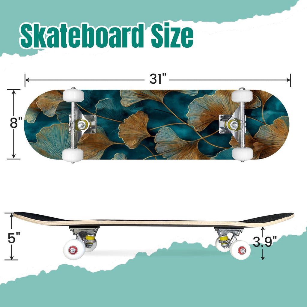 Monstera Leaves Leopard Print Seamless Earth Tones 31" x 8" Complete Skateboard, 7-Ply Canadian Maple Double Kick Trick Board for Kids and Beginners Adult Gifts