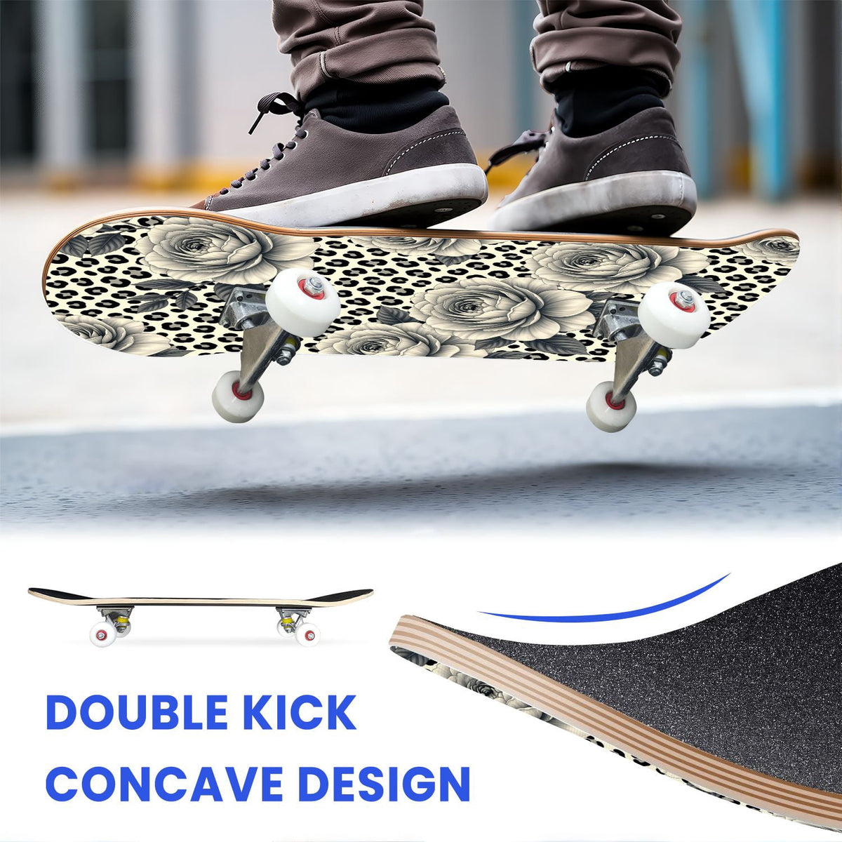 31"x8" Complete Skateboards for Beginners, Pink Bow Heart Vertical Stripes Romantic Double Kick 7 Ply Canadian Maple Deck Skateboard with Wheels, Gifts for Kids Teens