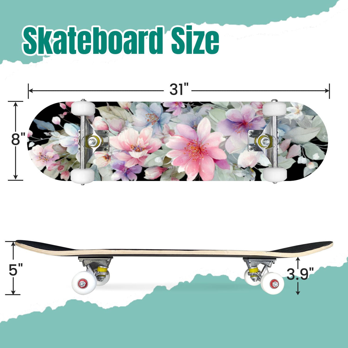 Watercolor Botanical Blue Green Leaves Flowers 31" x 8" Complete Skateboard, 7-Ply Canadian Maple Double Kick Trick Board for Kids and Beginners Adult Gifts