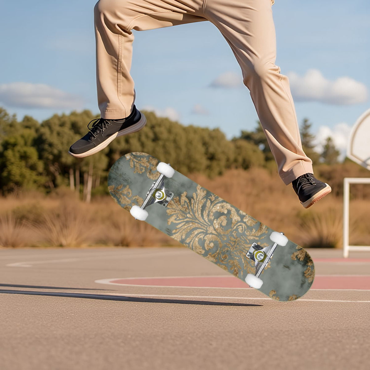 Elegant Purple Damask 31" x 8" Complete Skateboard, 7-Ply Canadian Maple Double Kick Trick Board for Kids and Beginners Adult Gifts