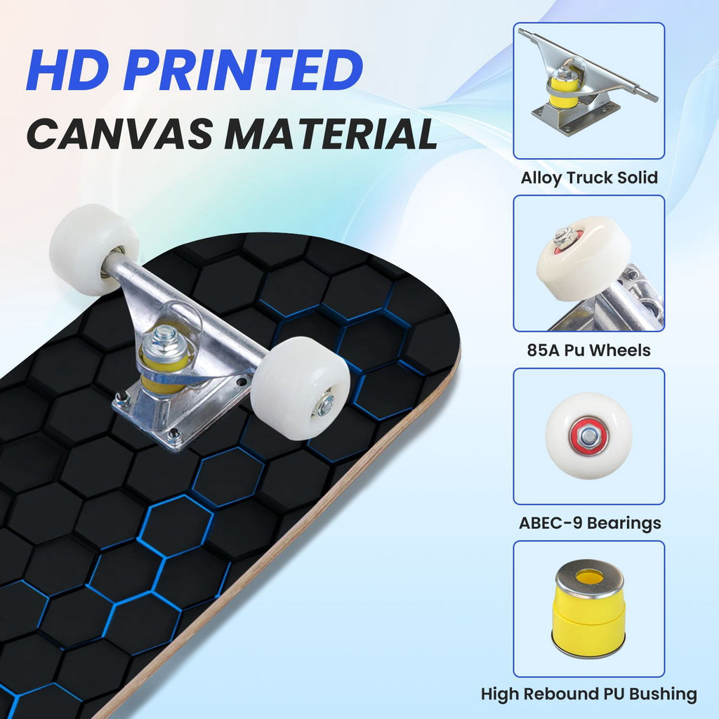 31"x8" Complete Skateboards for Beginners,Black Hexagon Honeycomb Glowing Blue Accents Double Kick 7 Ply Canadian Maple Deck Skateboard with Wheels, Gifts for Kids Teens