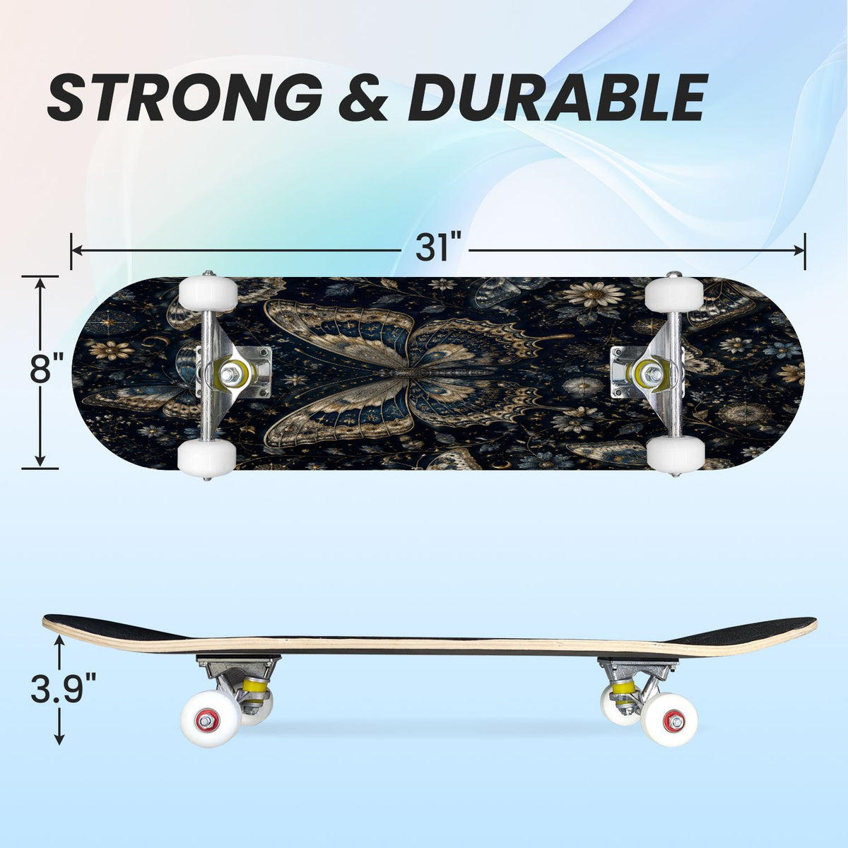 31"x8" Complete Skateboards for Beginners, Butterfly Garden Vintage Botanical Motifs Dark Green Teal Double Kick 7 Ply Canadian Maple Deck Skateboard with Wheels, Gifts for Kids Teens
