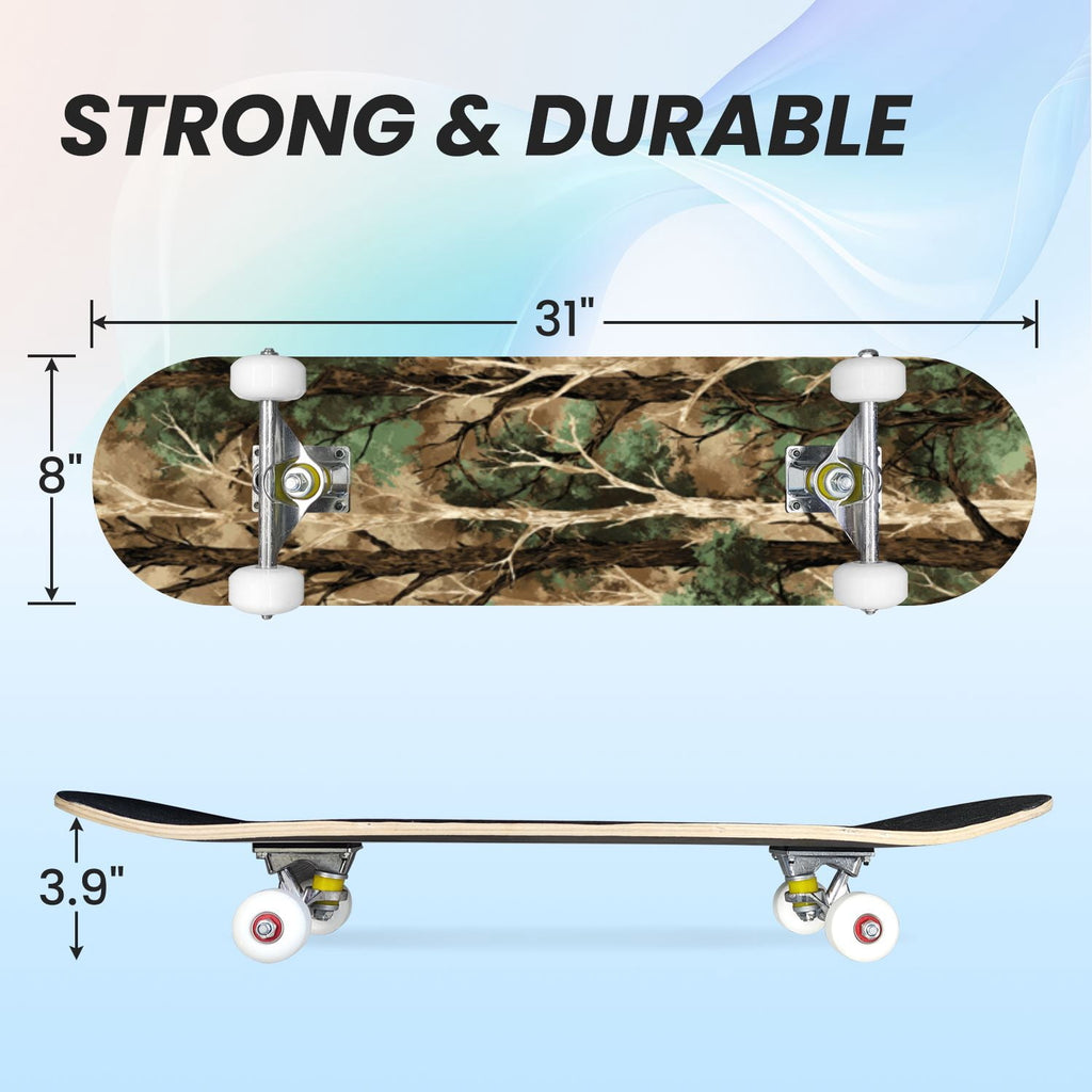 31"x8" Complete Skateboards for Beginners,Desert Camouflage Beige Tan Cream Organic Abstract Shapes Double Kick 7 Ply Canadian Maple Deck Skateboard with Wheels, Gifts for Kids Teens