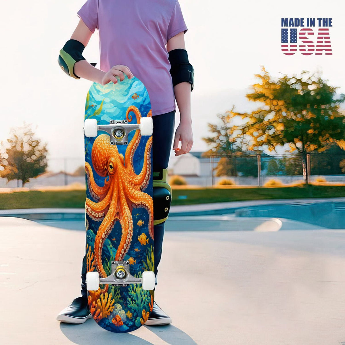 31"x8" Complete Skateboards for Beginners, Colorful Underwater Two Seahorses Coral Reefs Double Kick 7 Ply Canadian Maple Deck Skateboard with Wheels, Gifts for Kids Teens