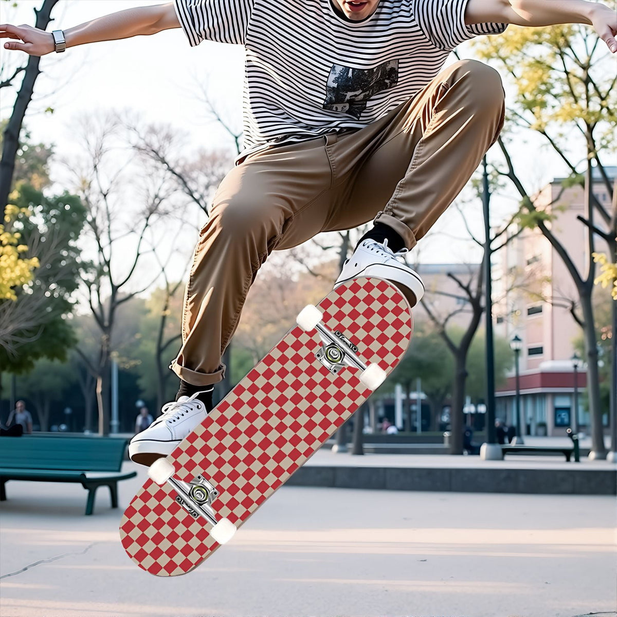 31"x8" Complete Skateboards for Beginners,Black Pink Checkered Retro Aesthetic Double Kick 7 Ply Canadian Maple Deck Skateboard with Wheels, Gifts for Kids Teens