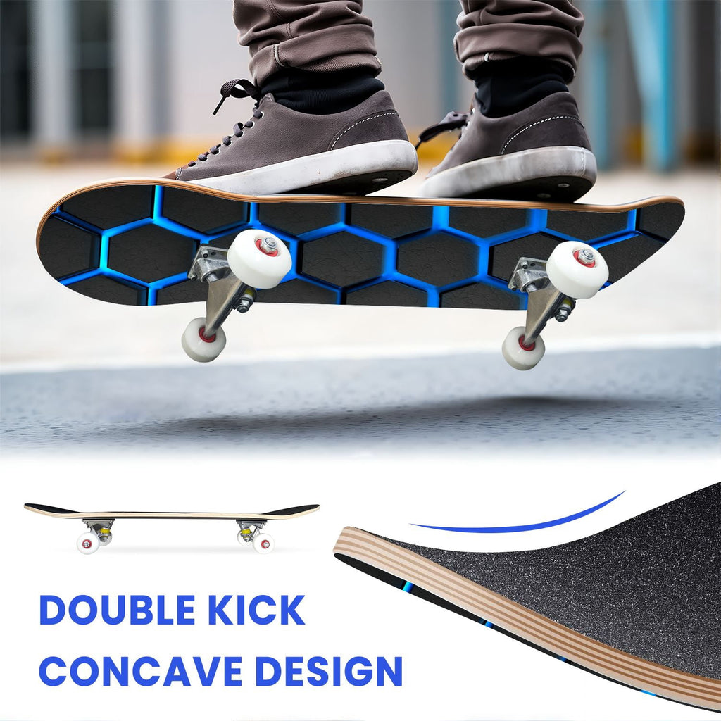 31"x8" Complete Skateboards for Beginners,Hexagon neon blue glow futuristic Double Kick 7 Ply Canadian Maple Deck Skateboard with Wheels, Gifts for Kids Teens