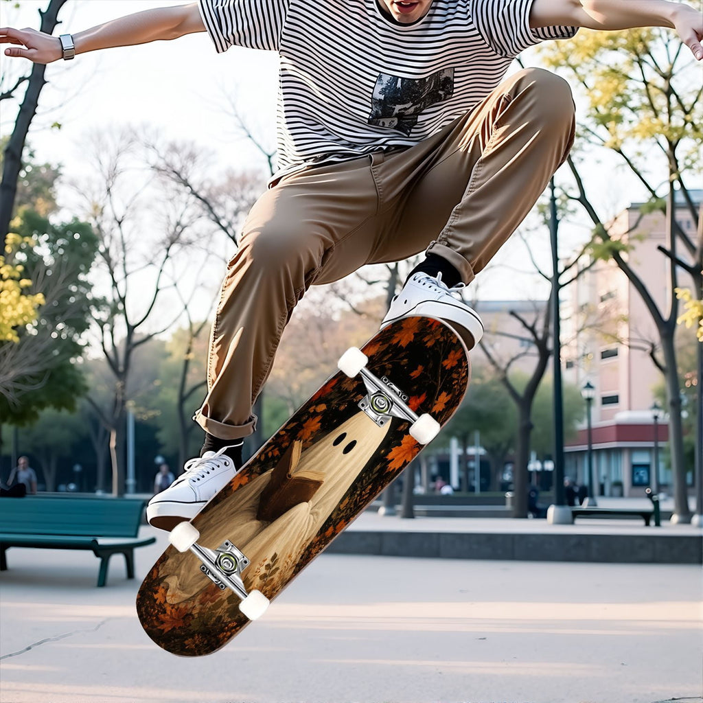 31"x8" Complete Skateboards for Beginners,Halloween Forest Bats Black Cat Glowing Double Kick 7 Ply Canadian Maple Deck Skateboard with Wheels, Gifts for Kids Teens