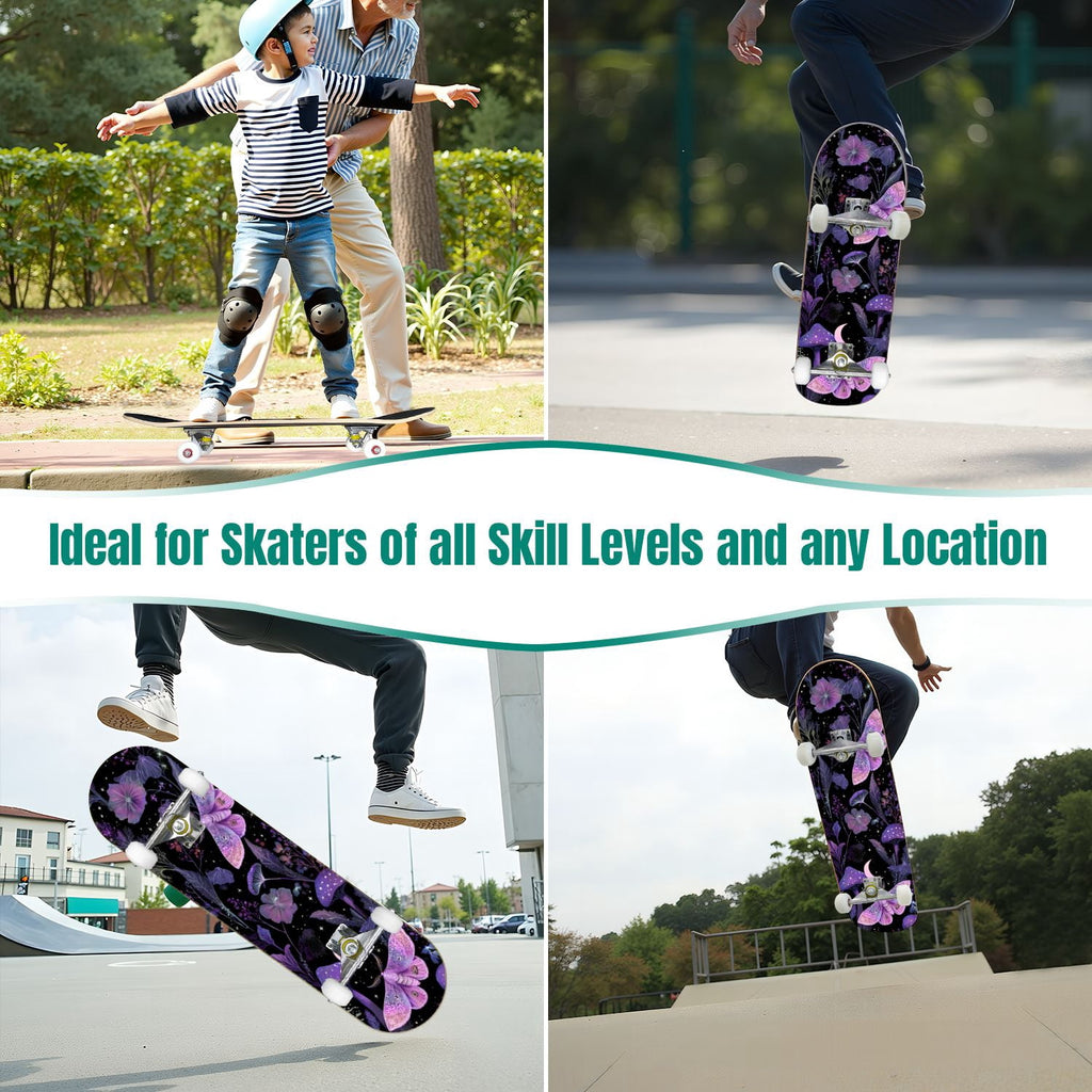 31"x8" Complete Skateboards for Beginners,Whimsical Blue Butterflies Green Foliage Dark Night Fantasy Double Kick 7 Ply Canadian Maple Deck Skateboard with Wheels, Gifts for Kids Teens