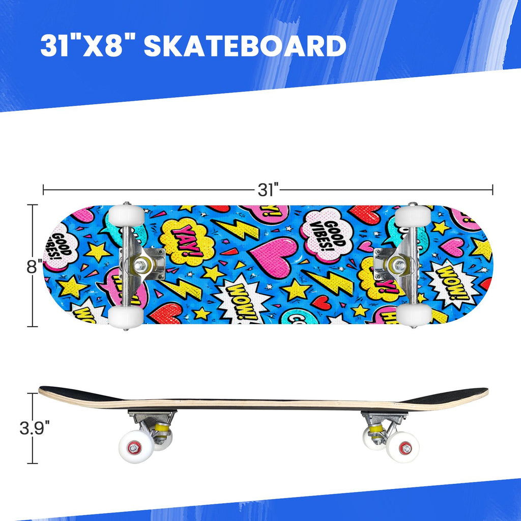 Complete Skateboard Colorful Heart Swirls 31 Inch 7-Ply Maple Skateboard with PU Wheels and Aluminum Trucks, Ready-to-Ride Skateboard for Beginners, Teens and Adults