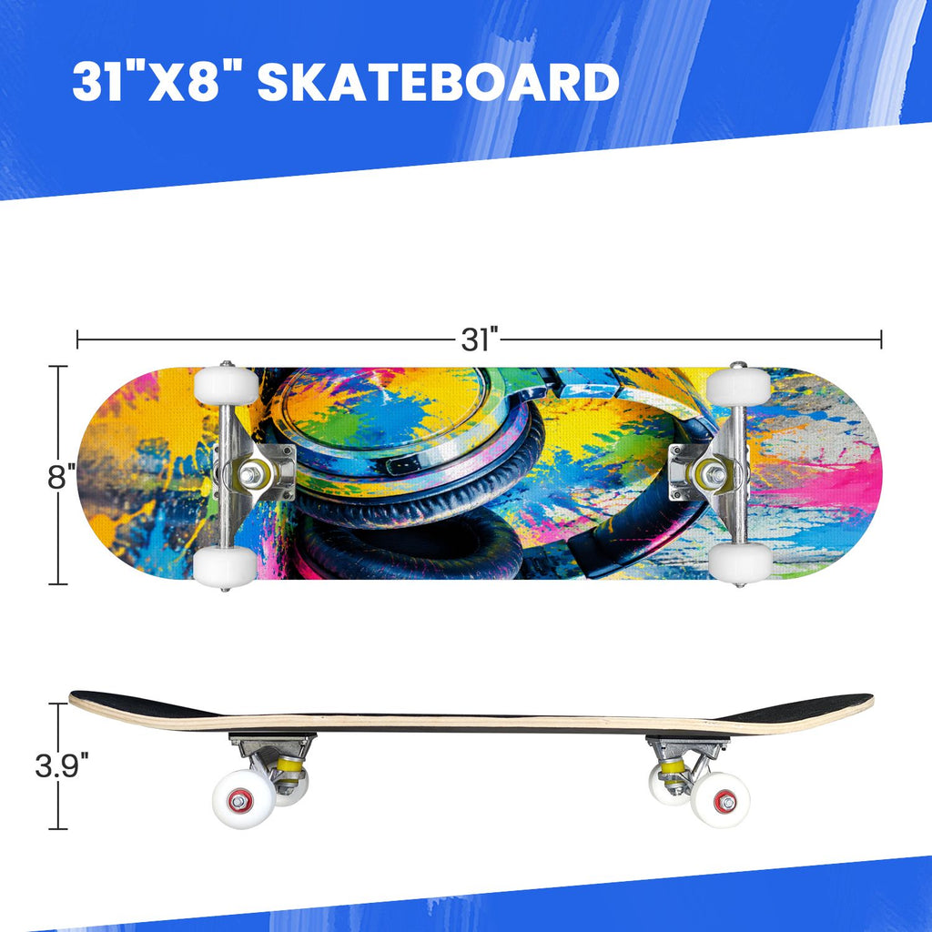 Complete Skateboard Colorful Splash Art Headphones 31 Inch 7-Ply Maple Skateboard with PU Wheels and Aluminum Trucks, Ready-to-Ride Skateboard for Beginners, Teens and Adults