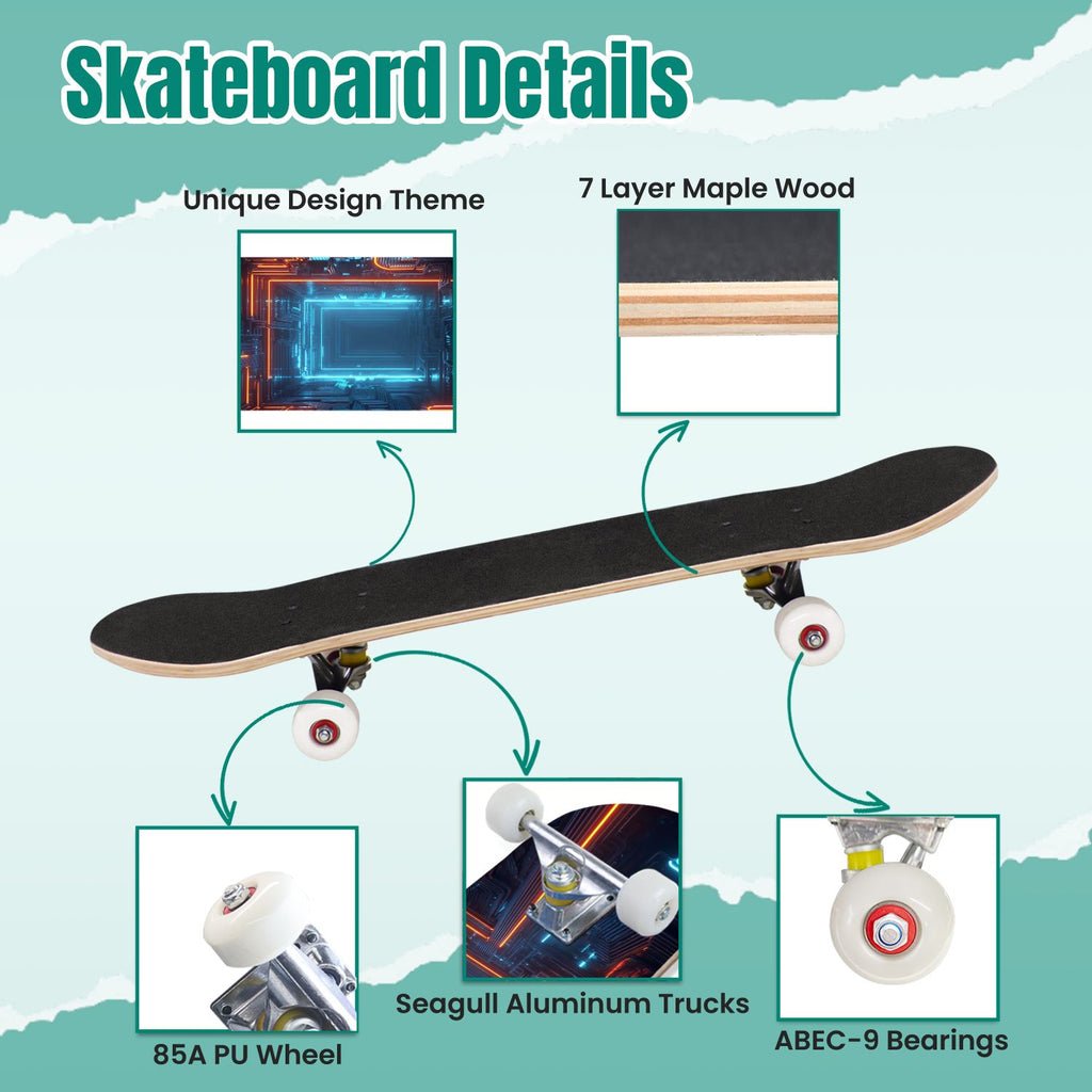 Futuristic Glowing Orange Neon Lines Dark Metallic Panels 31" x 8" Complete Skateboard, 7-Ply Canadian Maple Double Kick Trick Board for Kids and Beginners Adult Gifts