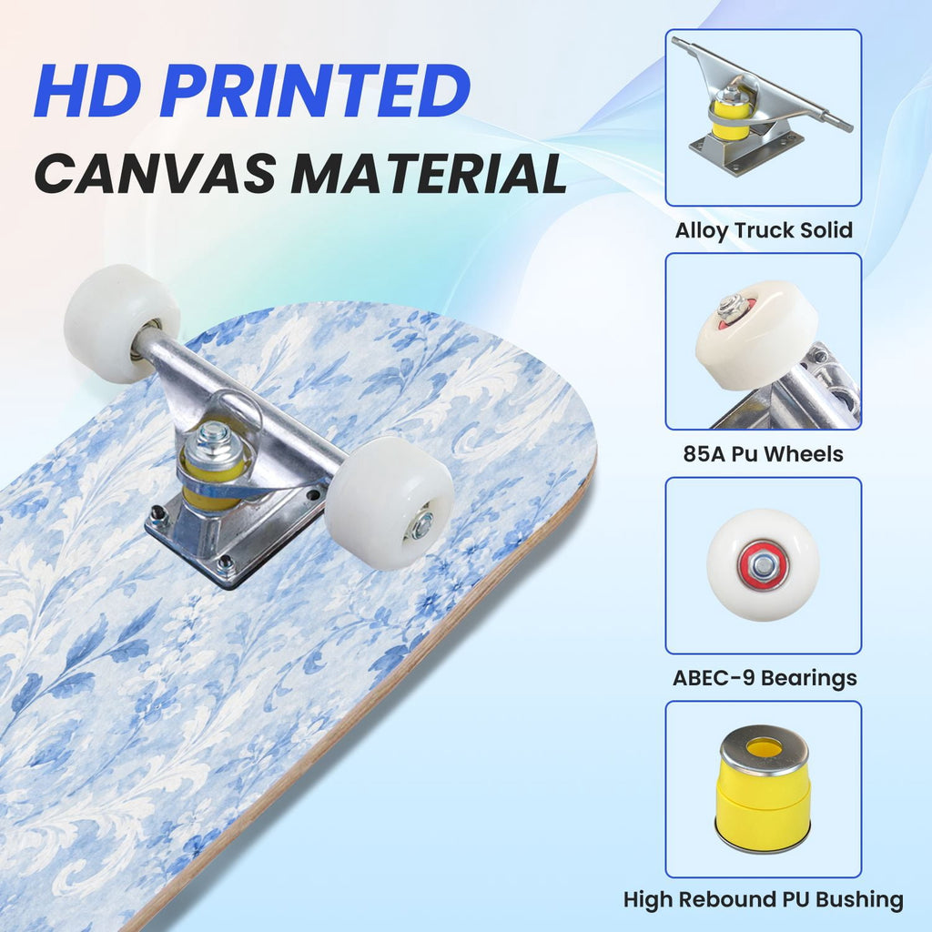 31"x8" Complete Skateboards for Beginners,Blue Botanical Leaf White Double Kick 7 Ply Canadian Maple Deck Skateboard with Wheels, Gifts for Kids Teens
