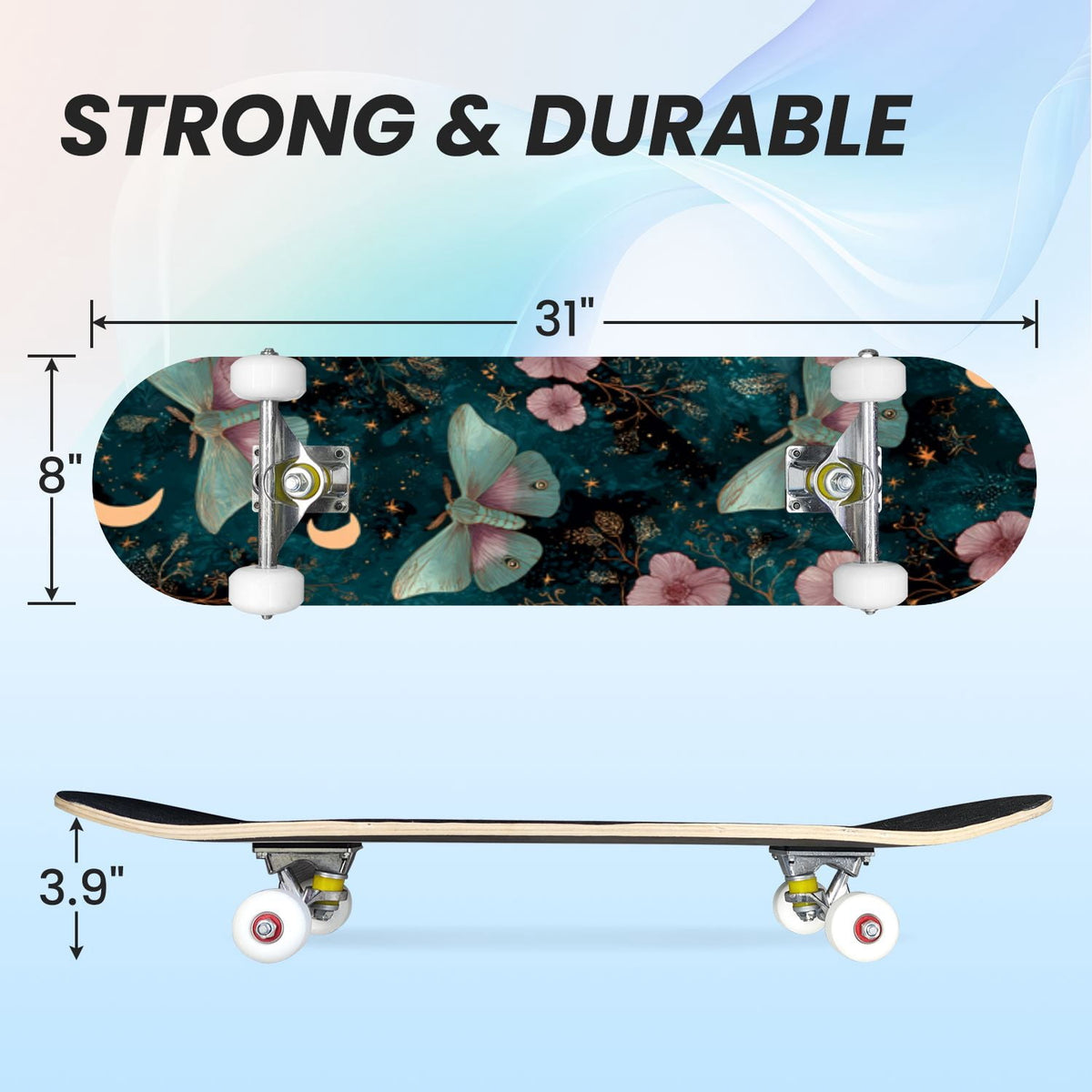 31"x8" Complete Skateboards for Beginners,Whimsical Moths Flowers Pastel Colors Stars Moon Mystical Double Kick 7 Ply Canadian Maple Deck Skateboard with Wheels, Gifts for Kids Teens