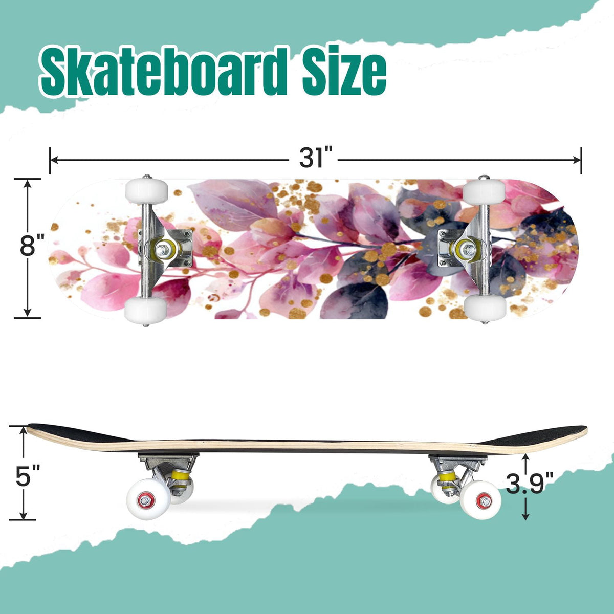 Dark Floral Wildflower Pink Yellow Blue Blooms 31" x 8" Complete Skateboard, 7-Ply Canadian Maple Double Kick Trick Board for Kids and Beginners Adult Gifts