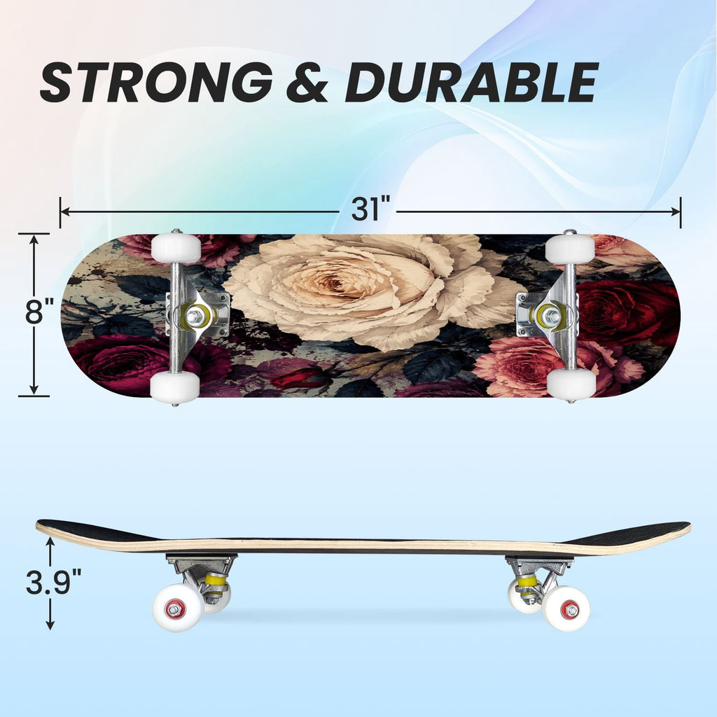 31"x8" Complete Skateboards for Beginners,Vintage Botanical Skull Flowers Elements Dark Double Kick 7 Ply Canadian Maple Deck Skateboard with Wheels, Gifts for Kids Teens