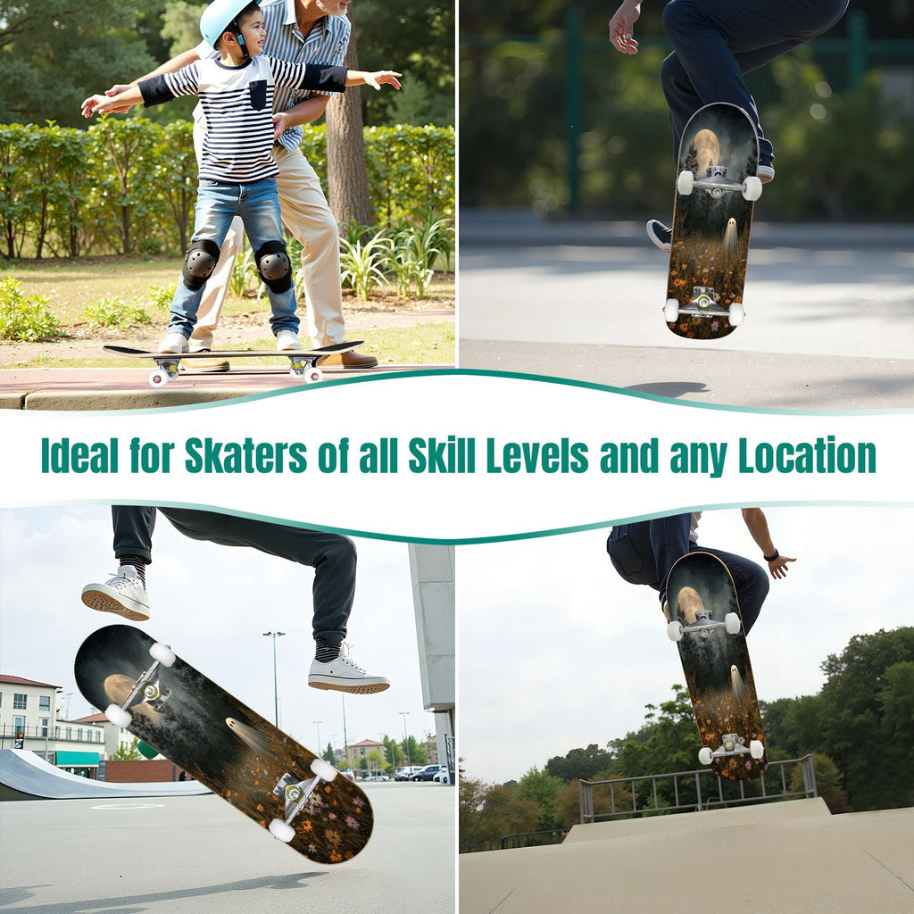 31"x8" Complete Skateboards for Beginners, Skeleton Tree Figure Antler Branches Dark Academia Flowers Double Kick 7 Ply Canadian Maple Deck Skateboard with Wheels, Gifts for Kids Teens