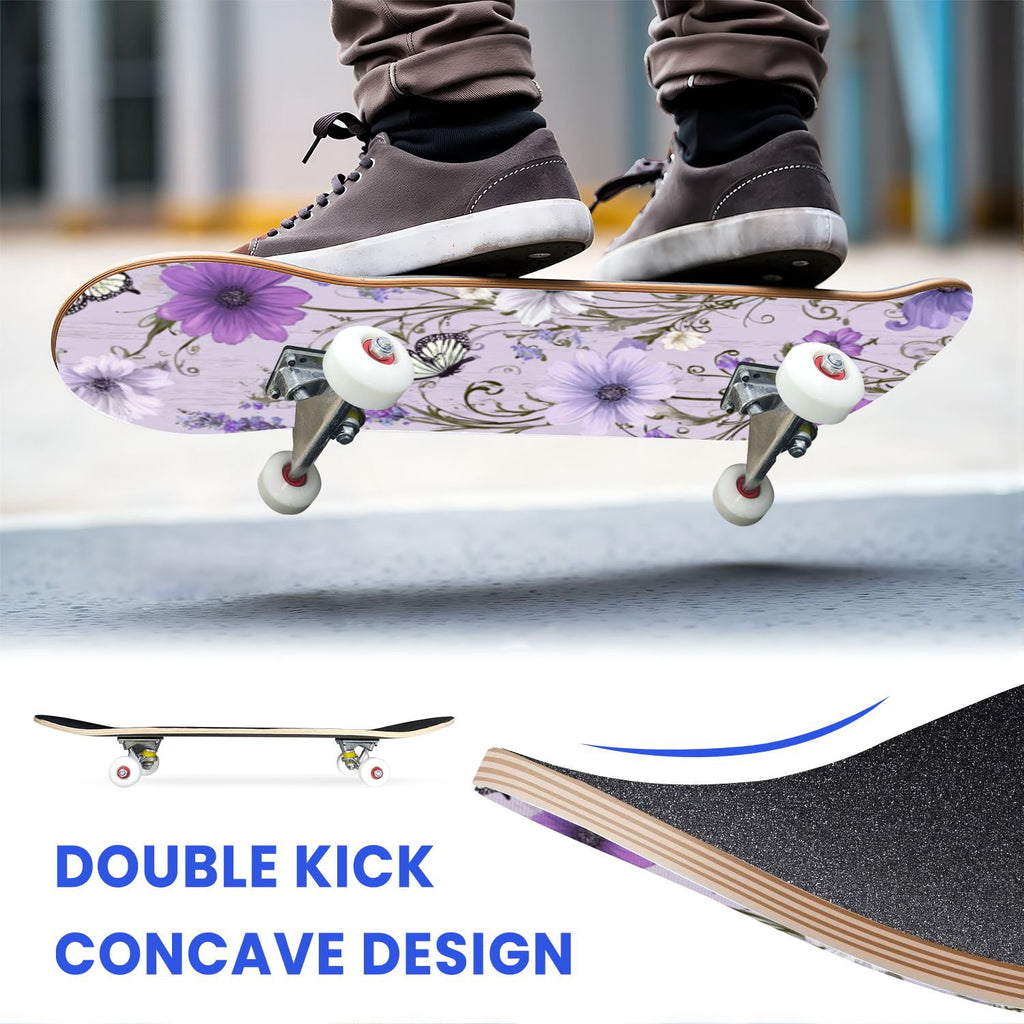 31"x8" Complete Skateboards for Beginners,Farmhouse Floral Daisy Flower Rustic Wood Board Double Kick 7 Ply Canadian Maple Deck Skateboard with Wheels, Gifts for Kids Teens