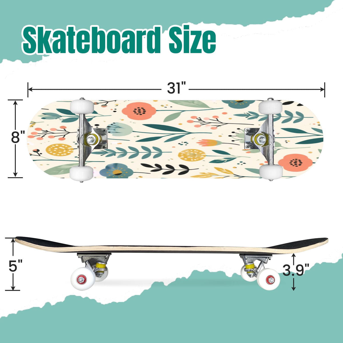 3D Nude Visual Effect Yellowish Brown Layered Chrysanthemum 31" x 8" Complete Skateboard, 7-Ply Canadian Maple Double Kick Trick Board for Kids and Beginners Adult Gifts
