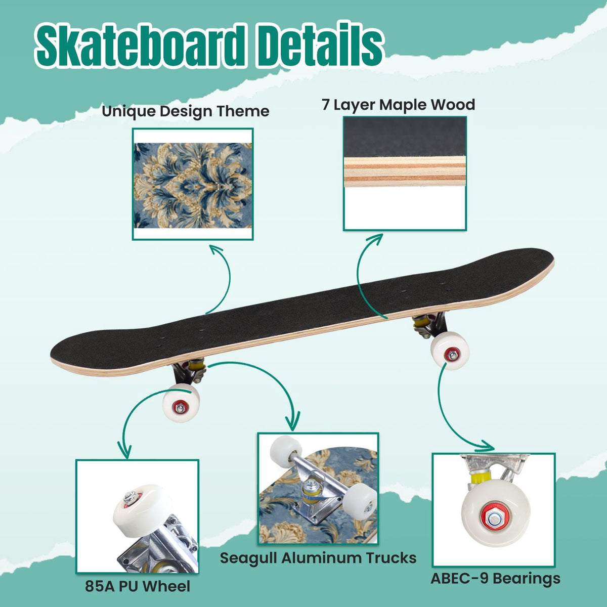 Elegant Purple Damask 31" x 8" Complete Skateboard, 7-Ply Canadian Maple Double Kick Trick Board for Kids and Beginners Adult Gifts