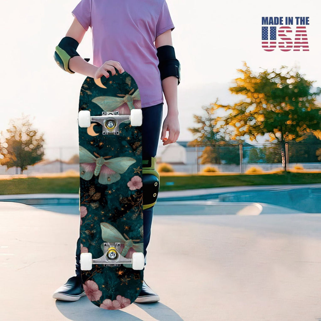 31"x8" Complete Skateboards for Beginners,Whimsical Moths Flowers Pastel Colors Stars Moon Mystical Double Kick 7 Ply Canadian Maple Deck Skateboard with Wheels, Gifts for Kids Teens