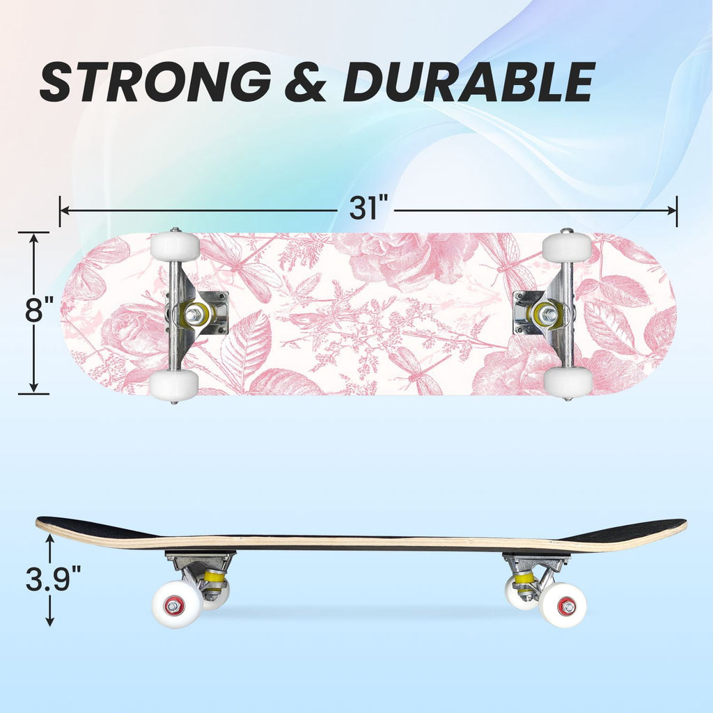 31"x8" Complete Skateboards for Beginners, Elegant Peony Floral Soft Pink White Tones Neutral Double Kick 7 Ply Canadian Maple Deck Skateboard with Wheels, Gifts for Kids Teens