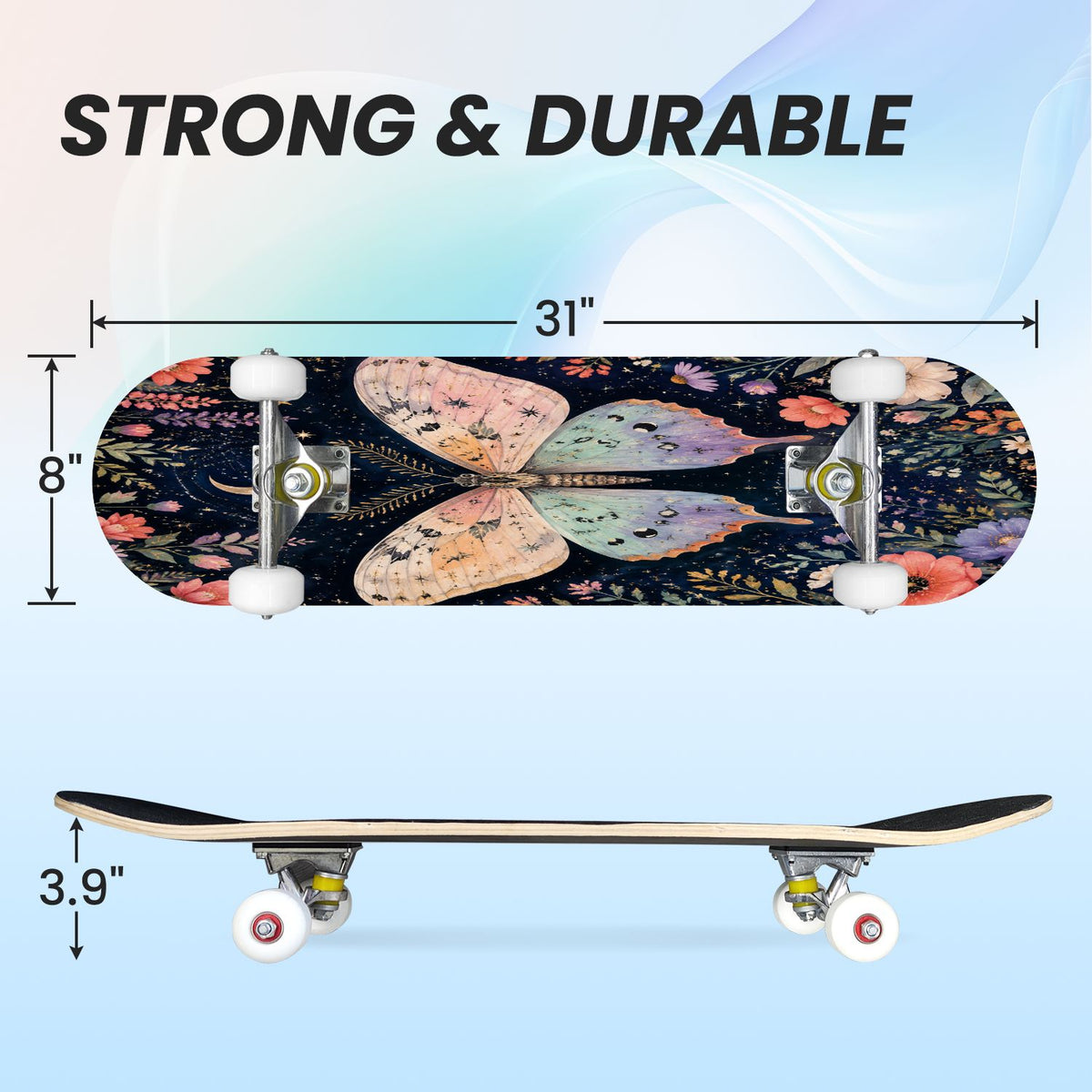 31"x8" Complete Skateboards for Beginners, Colorful Butterfly Blooming Flowers Under Full Moon Starry Double Kick 7 Ply Canadian Maple Deck Skateboard with Wheels, Gifts for Kids Teens