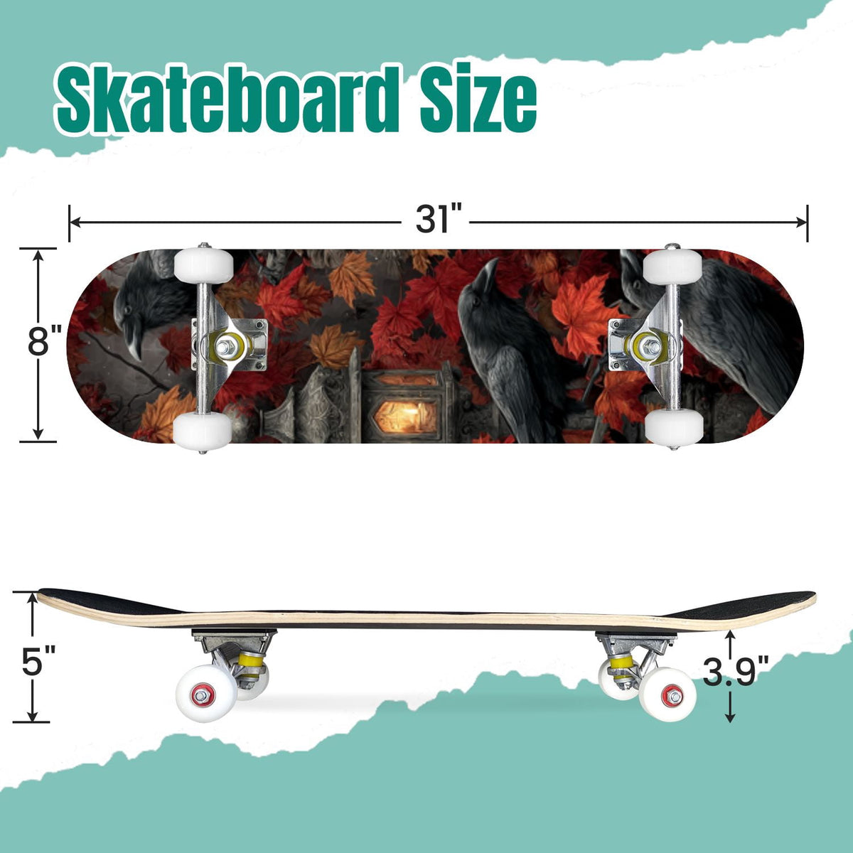 Gothic Purple Blue Floral Dark 31" x 8" Complete Skateboard, 7-Ply Canadian Maple Double Kick Trick Board for Kids and Beginners Adult Gifts