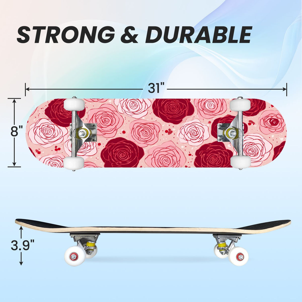 31"x8" Complete Skateboards for Beginners, Elegant Pink Red Roses Green Leaves Dark Double Kick 7 Ply Canadian Maple Deck Skateboard with Wheels, Gifts for Kids Teens