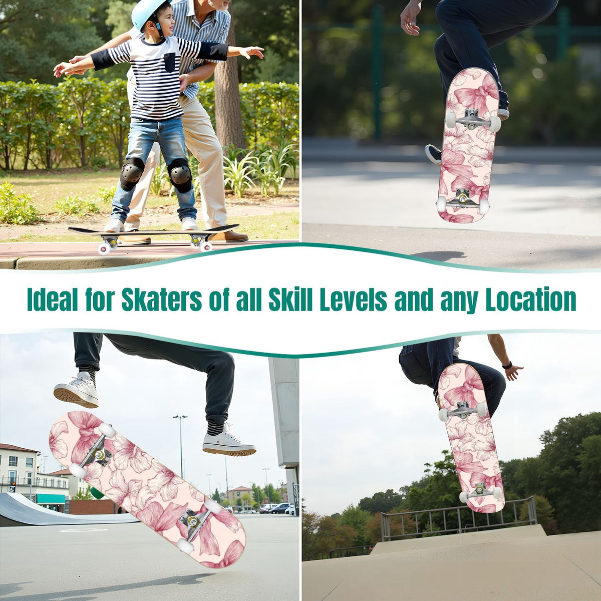 Delicate Pink Floral Ribbon Design 31" x 8" Complete Skateboard, 7-Ply Canadian Maple Double Kick Trick Board for Kids and Beginners Adult Gifts
