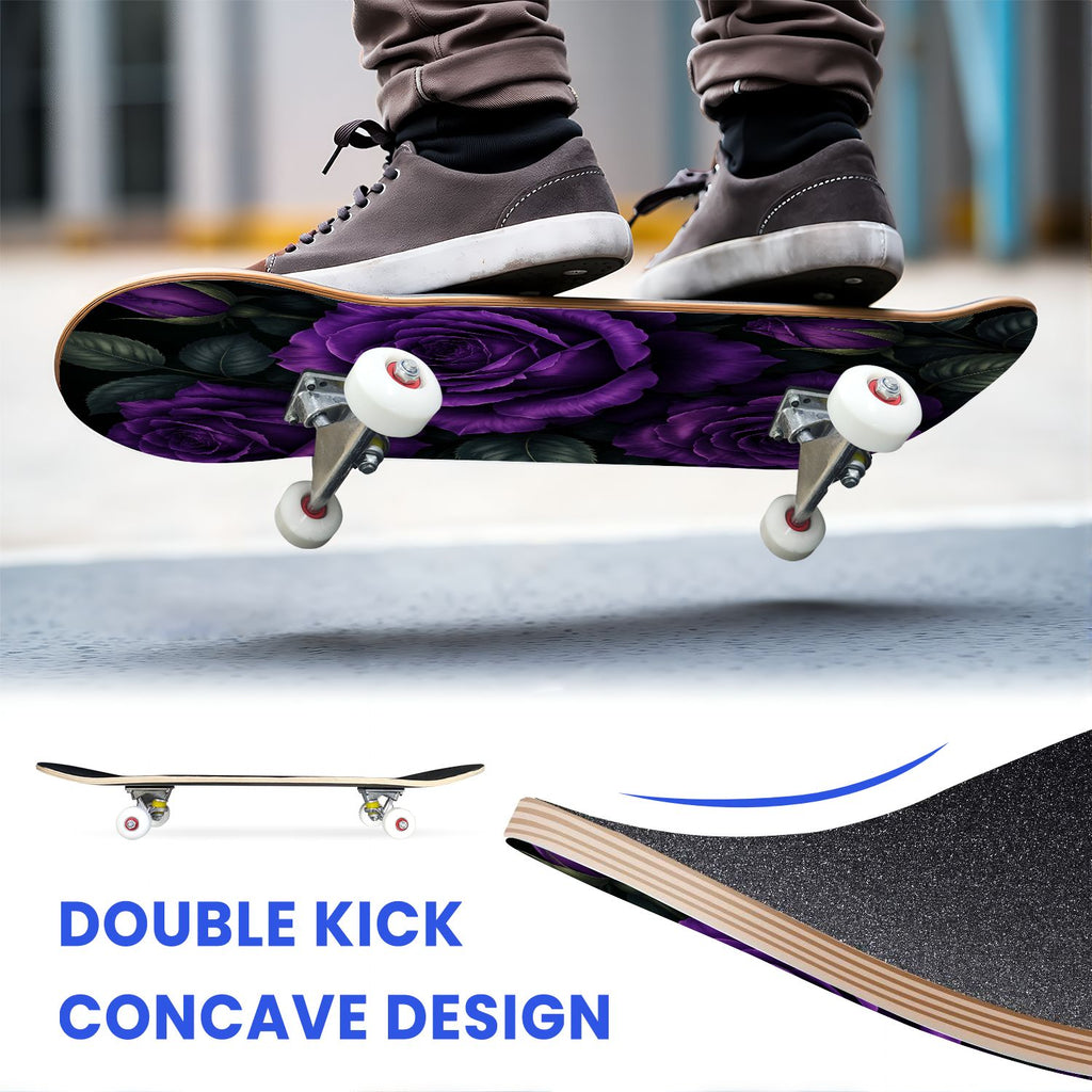 31"x8" Complete Skateboards for Beginners, Colorful Mushroom Floral Magical Night Forest Vintage Double Kick 7 Ply Canadian Maple Deck Skateboard with Wheels, Gifts for Kids Teens