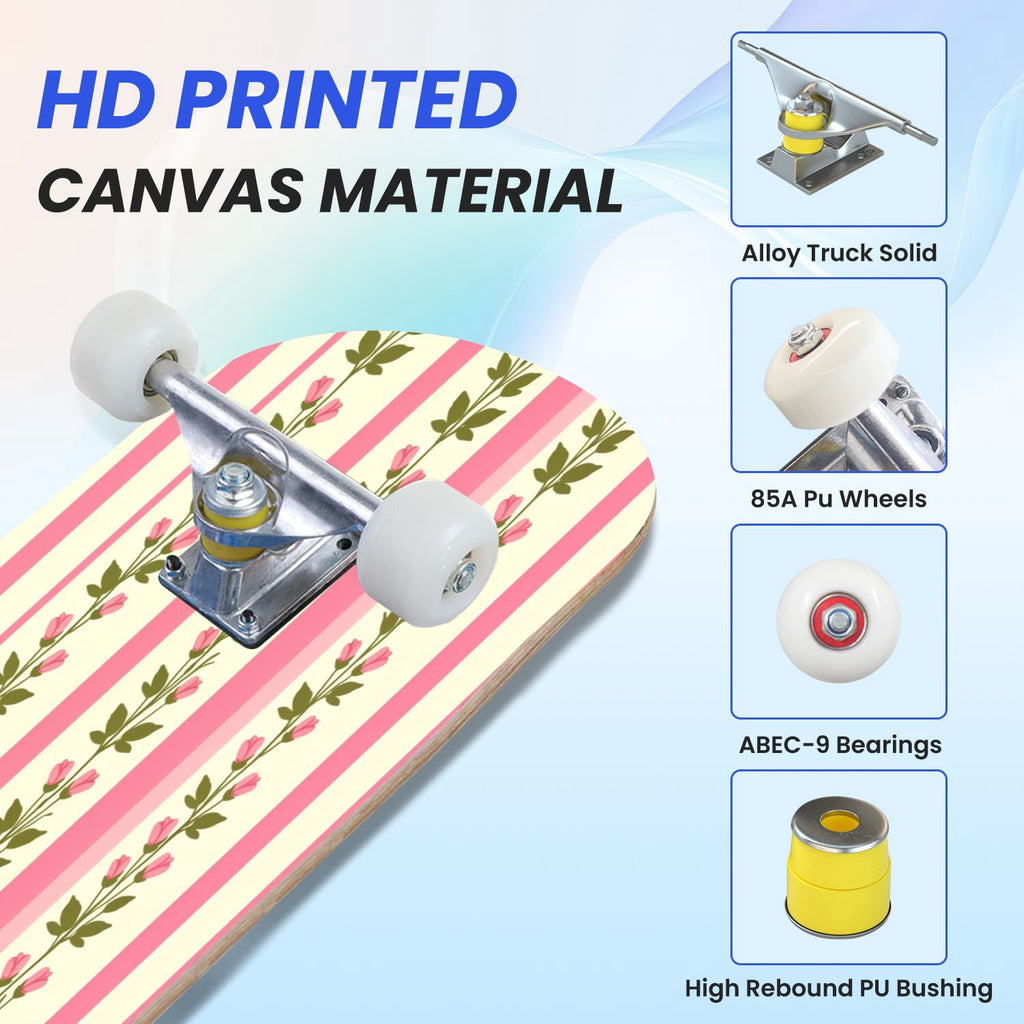 31"x8" Complete Skateboards for Beginners, Pink Floral Striped Delicate Leaves Flowers Botanical Double Kick 7 Ply Canadian Maple Deck Skateboard with Wheels, Gifts for Girls Teens