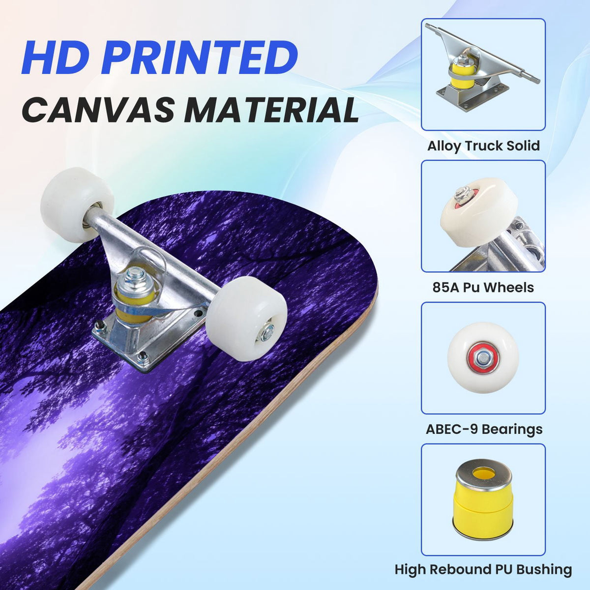 31"x8" Complete Skateboards for Beginners, Colorful Mushroom Floral Magical Night Forest Vintage Double Kick 7 Ply Canadian Maple Deck Skateboard with Wheels, Gifts for Kids Teens