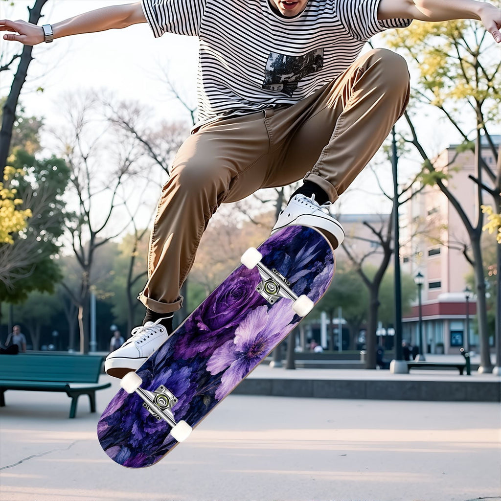 31"x8" Complete Skateboards for Beginners, Purple White Cosmos Flowers Butterflies Watercolor Double Kick 7 Ply Canadian Maple Deck Skateboard with Wheels, Gifts for Kids Teens