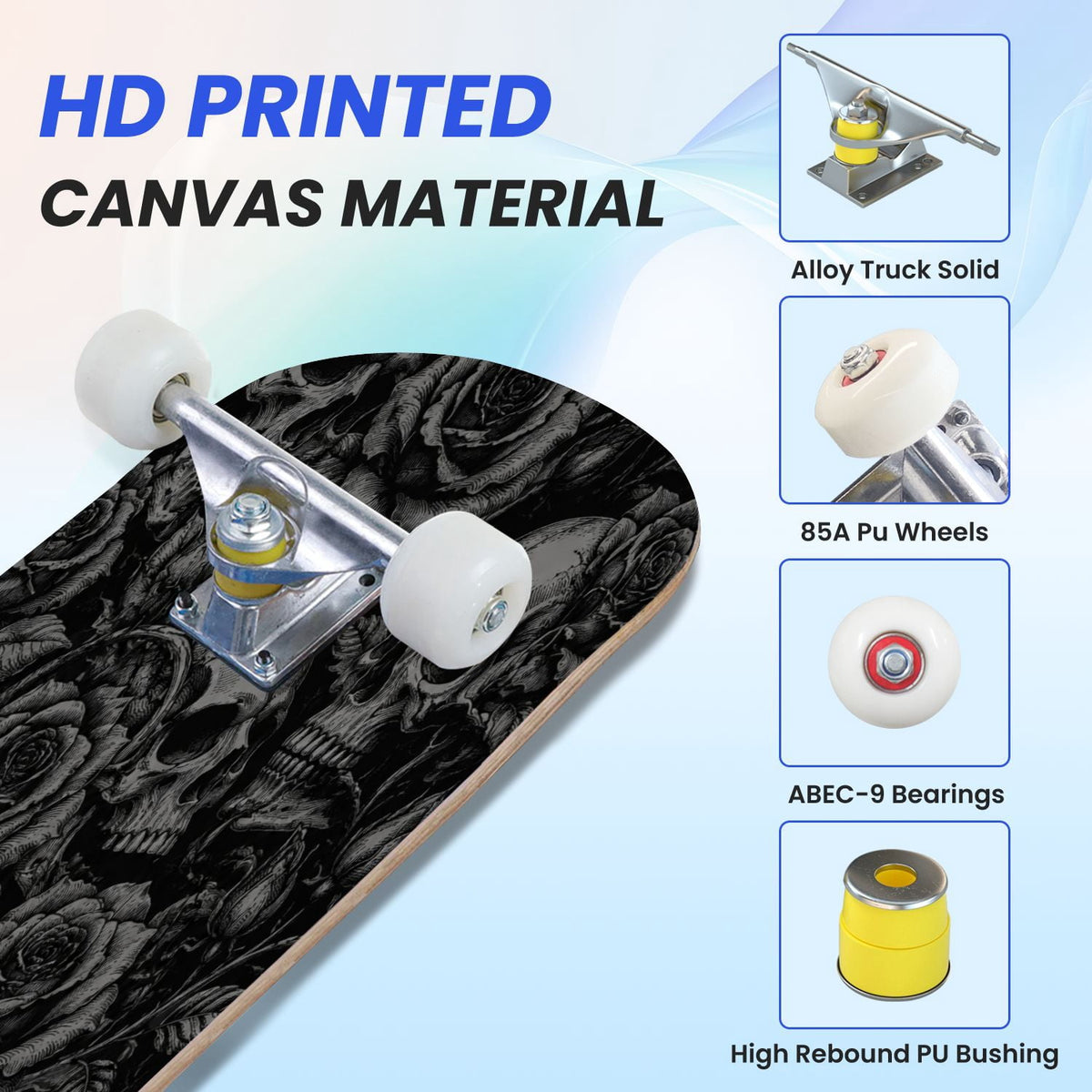 31"x8" Complete Skateboards for Beginners,Halloween Themed Pumpkins Witch Hats Spooky Double Kick 7 Ply Canadian Maple Deck Skateboard with Wheels, Gifts for Kids Teens