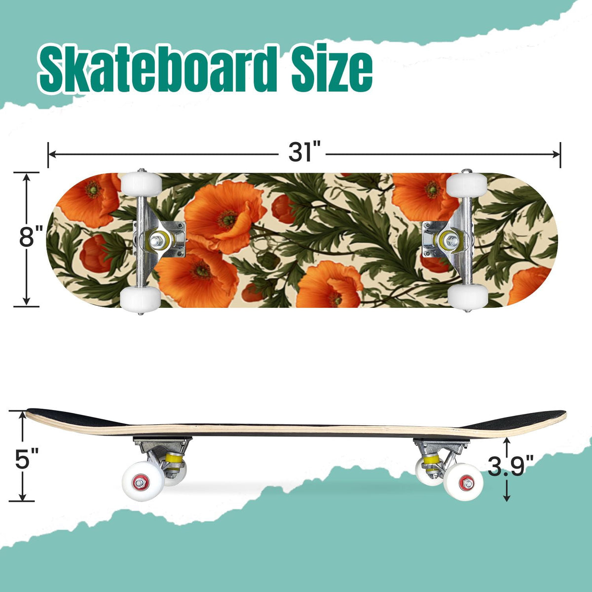 Monstera Leaves Leopard Print Seamless Earth Tones 31" x 8" Complete Skateboard, 7-Ply Canadian Maple Double Kick Trick Board for Kids and Beginners Adult Gifts